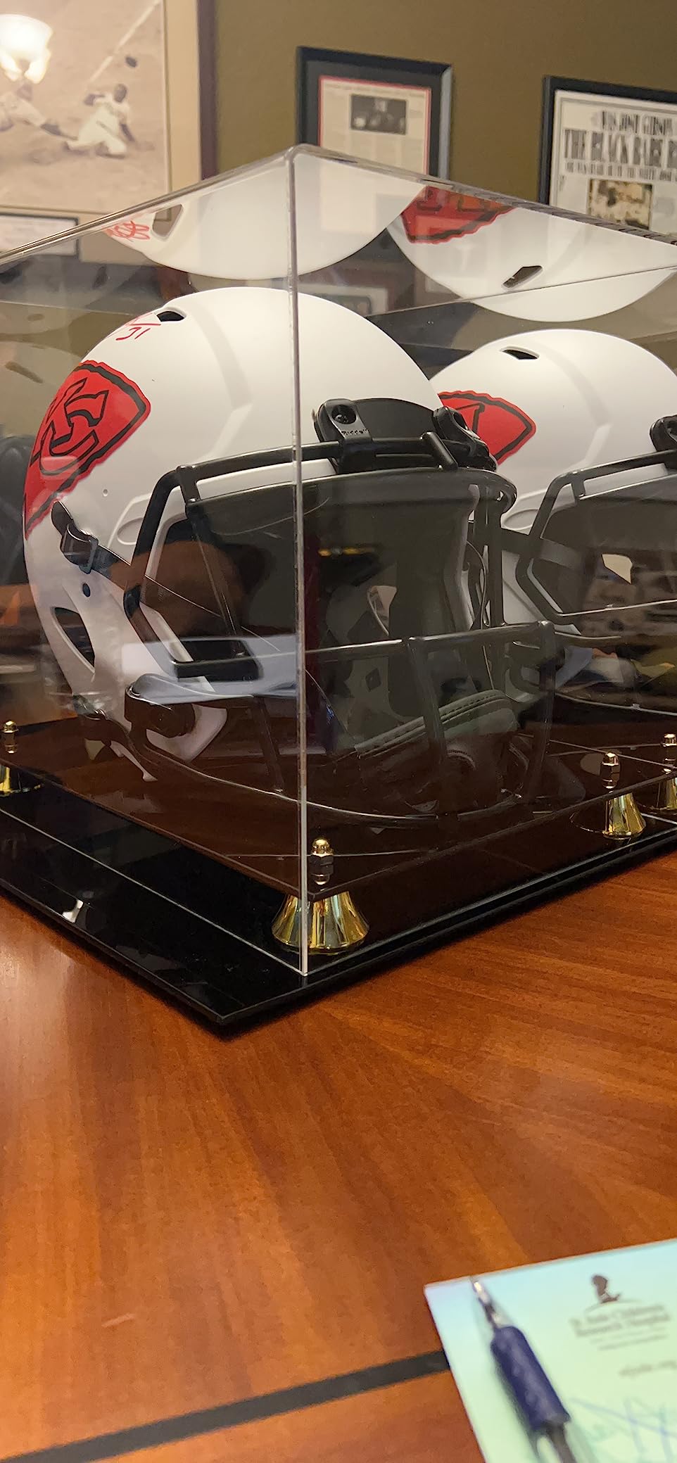 Football Helmet Display Case Full Size | Crystal Clear Acrylic Display Case | Dual Layered Black Base Helmet Case with Gold Risers | Counter Helmet Display | No Assembly Required customer photo 1
