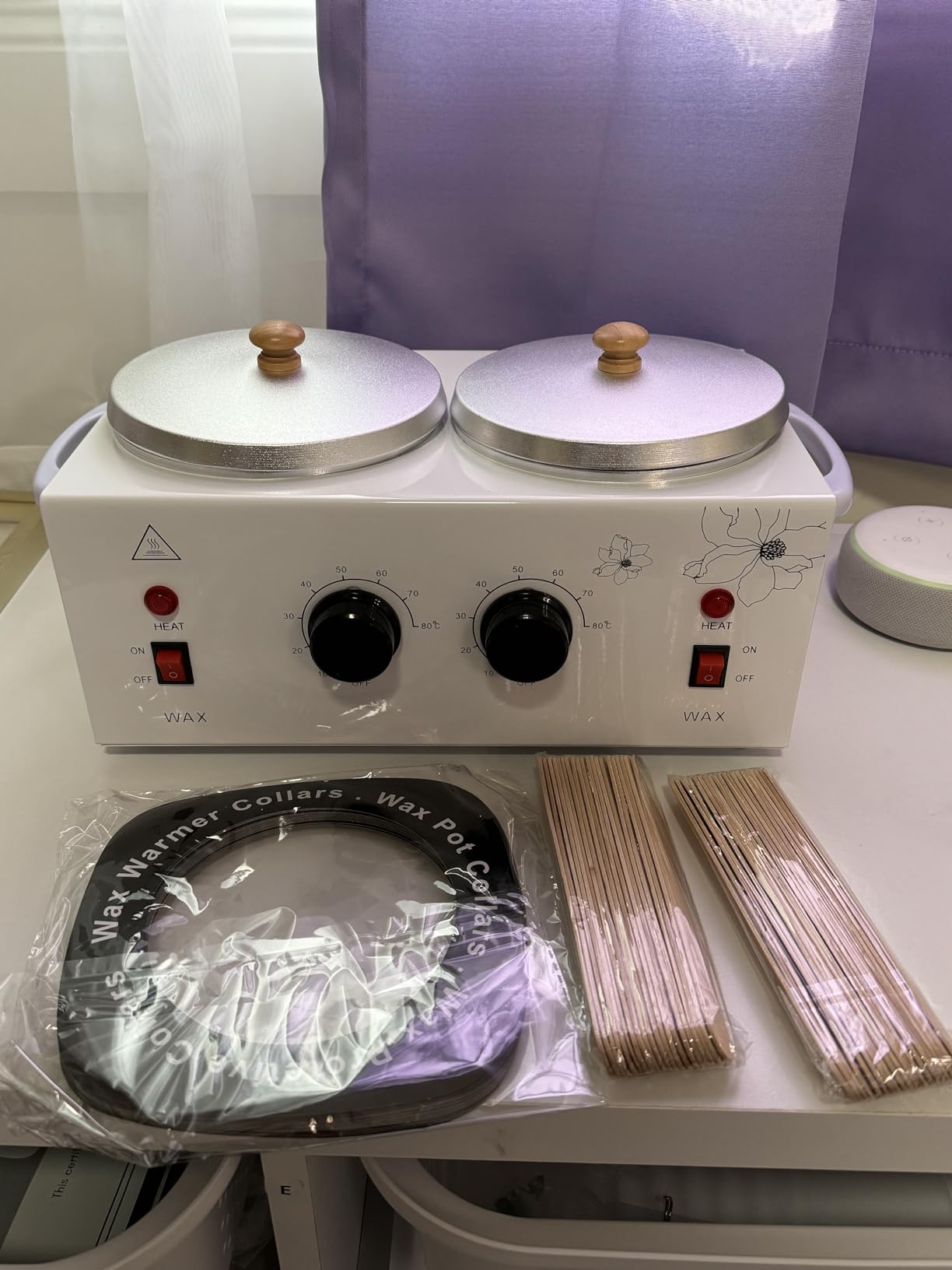 Portable Wax Warmer for Painless Hair Removal, Double Waxing Pots | Professional for Women Men, Rapid Heating, Adjustable Temperature, 40pcs Sticks, White customer photo 2
