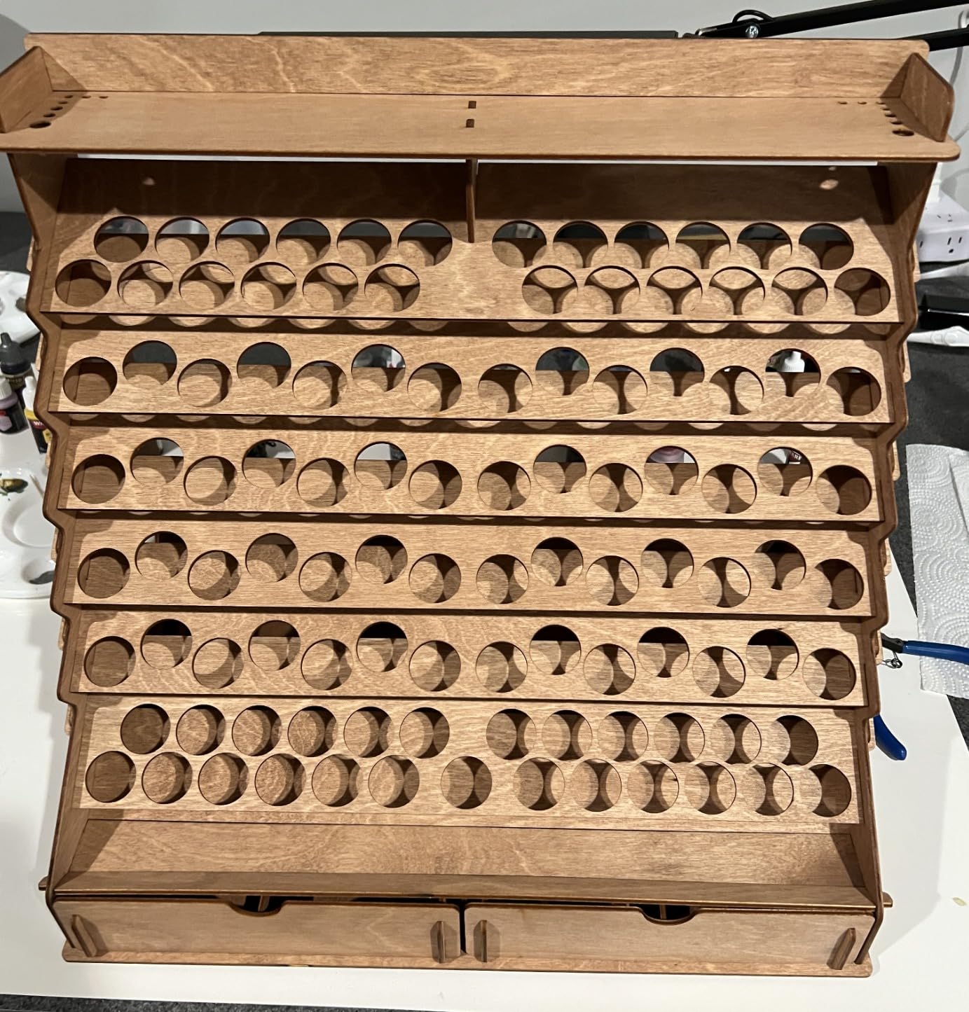 Plydolex Plywood Storage Rack - 105 Bottle Holes for 17 ml Vallejo Paints, 14 Paintbrush Slots, 6 Miniature Stands, 2 Drawers, a Shelf & a Brush Tray - Works for DnD, Warhammer 40K and Other Minis customer photo 1