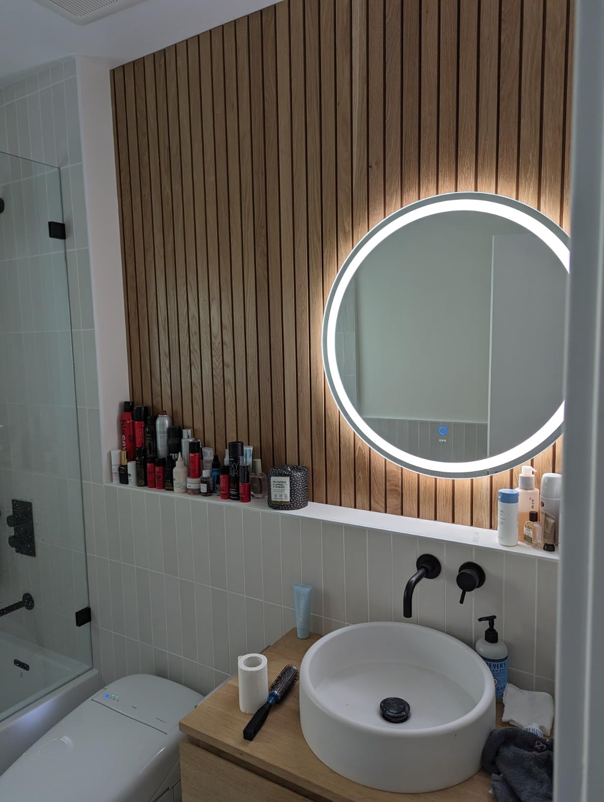 32 Inch Large Modern LED Round Bathroom Vanity Mirror, Color Temperature Adjustable, Anti-Fog Dimmable Lights, Easy to Install, Wall Mounted Makeup Mirror with Smart Touch Button customer photo 1