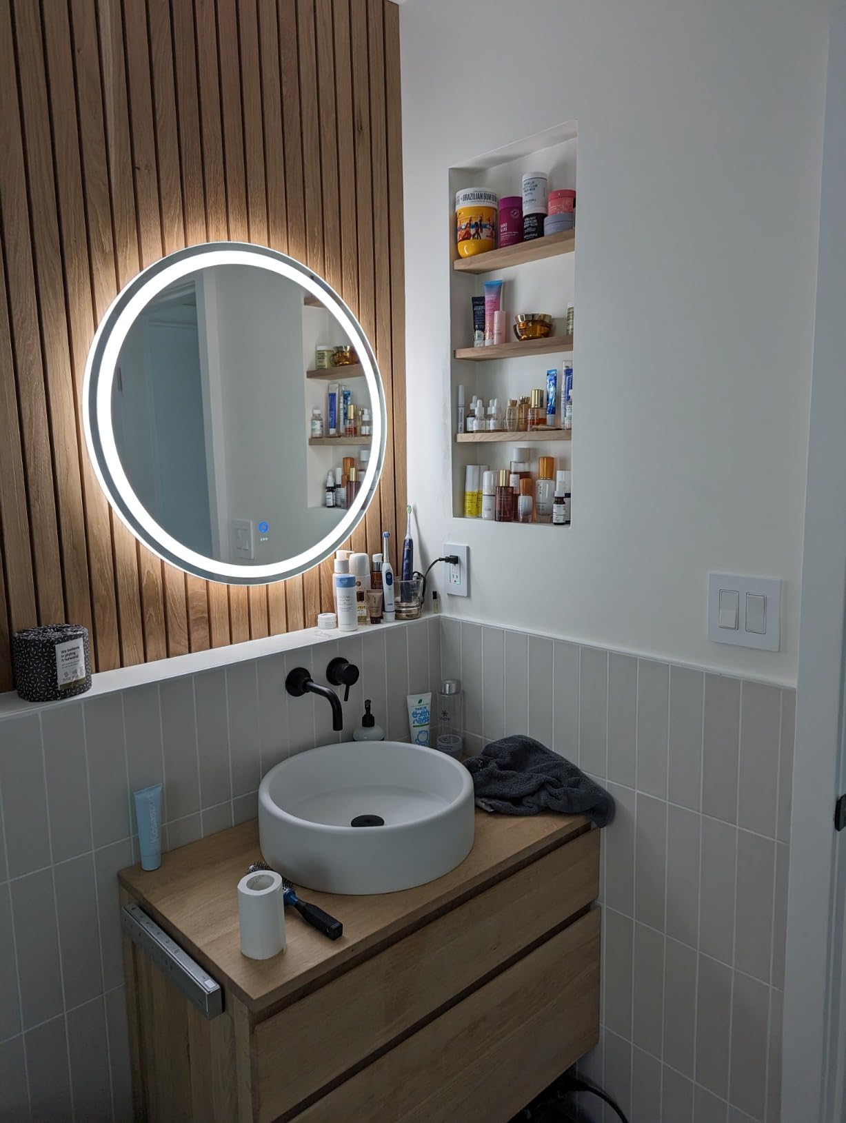32 Inch Large Modern LED Round Bathroom Vanity Mirror, Color Temperature Adjustable, Anti-Fog Dimmable Lights, Easy to Install, Wall Mounted Makeup Mirror with Smart Touch Button customer photo 2