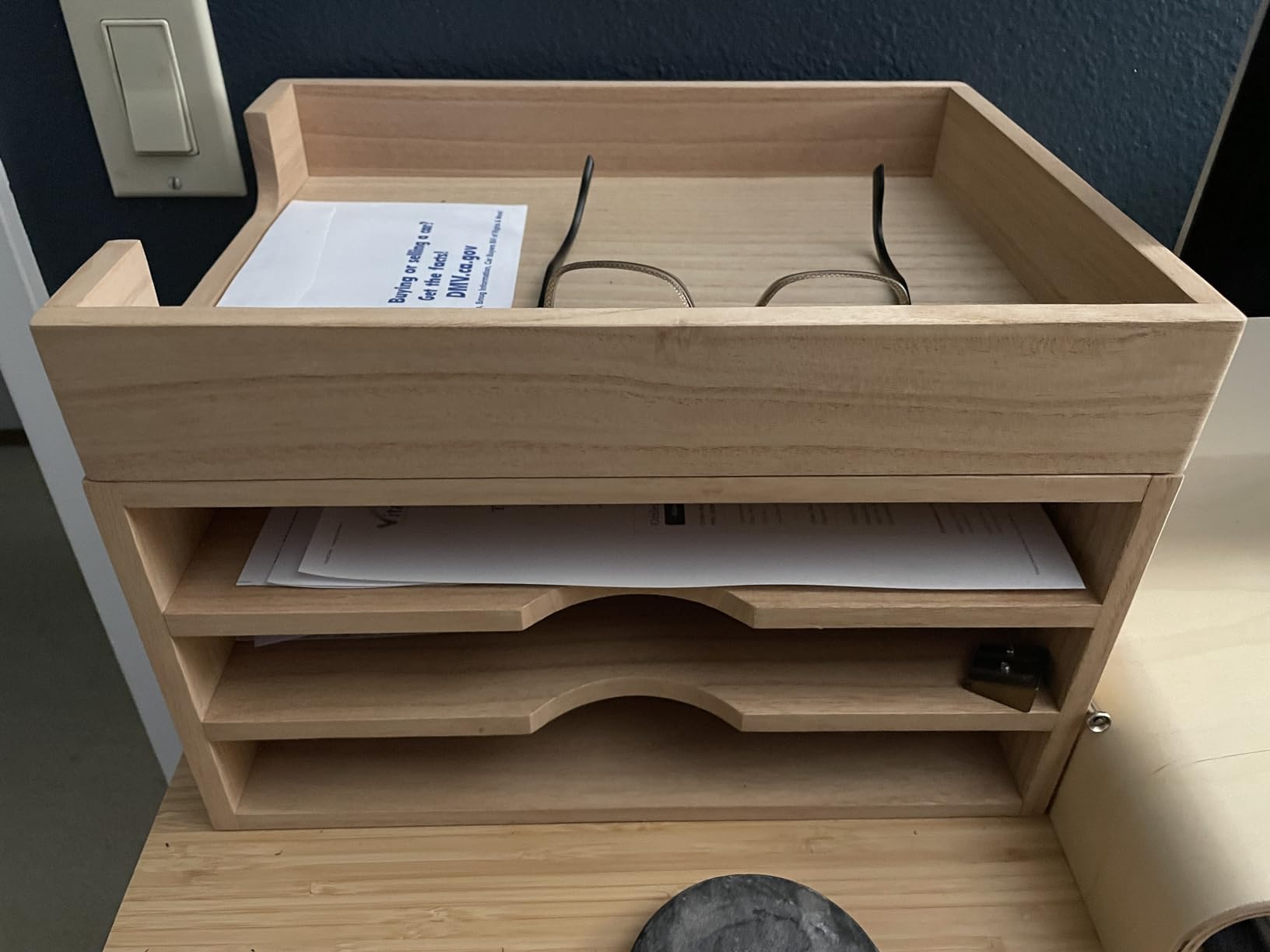 KIRIGEN Wooden Desk Organizer 3-Tier Letter Tray and Paper Sorter, Natural | Solid Wood Paper Tray Document Holder Organizer for Letters, Files, Folders, Mail, Magazines and Office Supplies customer photo 1