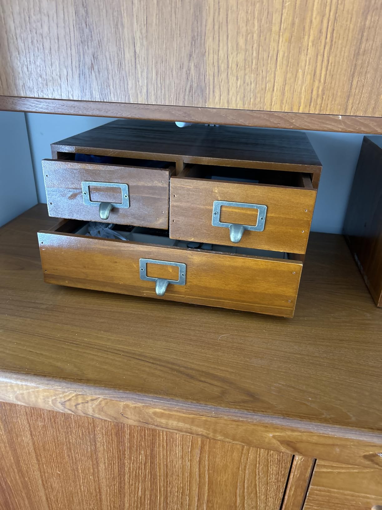 Modular Stackable Desktop Apothecary Cabinet with 3 Drawers - Solid Wood Medicine Cabinet for Tabletop - Card Catalog Drawers with Label Holders - Desktop Chest Drawer for Storage and Organization customer photo 2