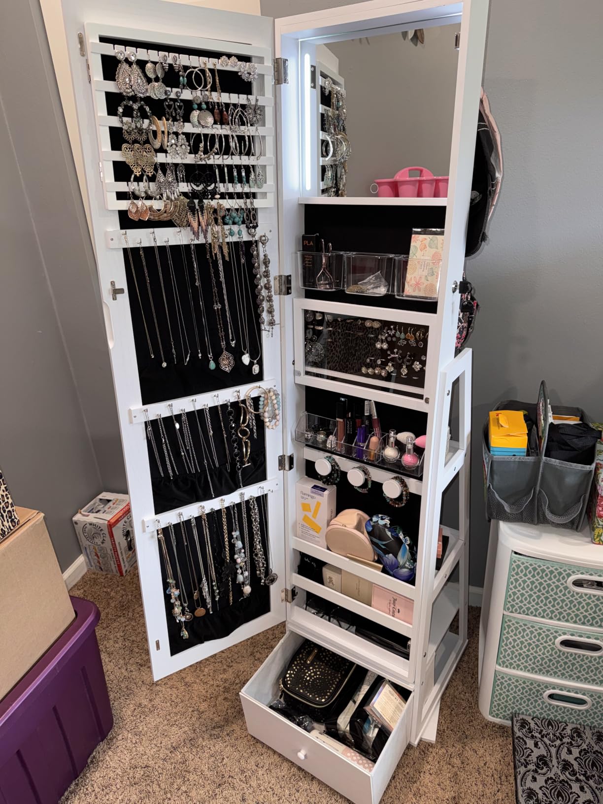 360° Swivel Jewelry Cabinet with Lights, Touch Screen Vanity Mirror, Rotatable Full Length Mirror with Jewelry Storage, Standing Jewelry Armoire Organizer, Foldable Makeup Shelf, White with Grain customer photo 2