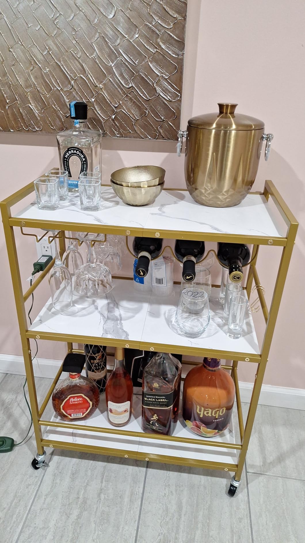TUTOTAK Bar Cart, Serving Cart for Home, Microwave Cart, Drink Cart, Mobile Kitchen Shelf with Wine Rack and Glass Holder, Rolling Beverage Cart BC01BB030 customer photo 1