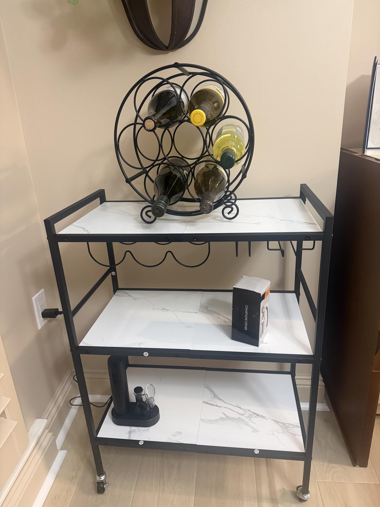 TUTOTAK Bar Cart, Serving Cart for Home, Microwave Cart, Drink Cart, Mobile Kitchen Shelf with Wine Rack and Glass Holder, Rolling Beverage Cart BC01BB030 customer photo 2