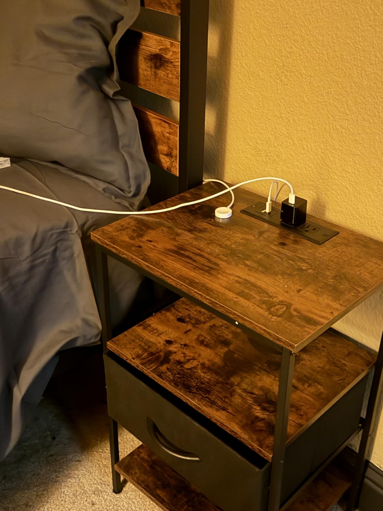 SUPERJARE Nightstand with Charging Station, Bed Side Table with Adjustable Fabric Drawer, Night Stand for Bedroom, 3-Tier Storage End Table, for Living Room, Rustic Brown and Black customer photo 2