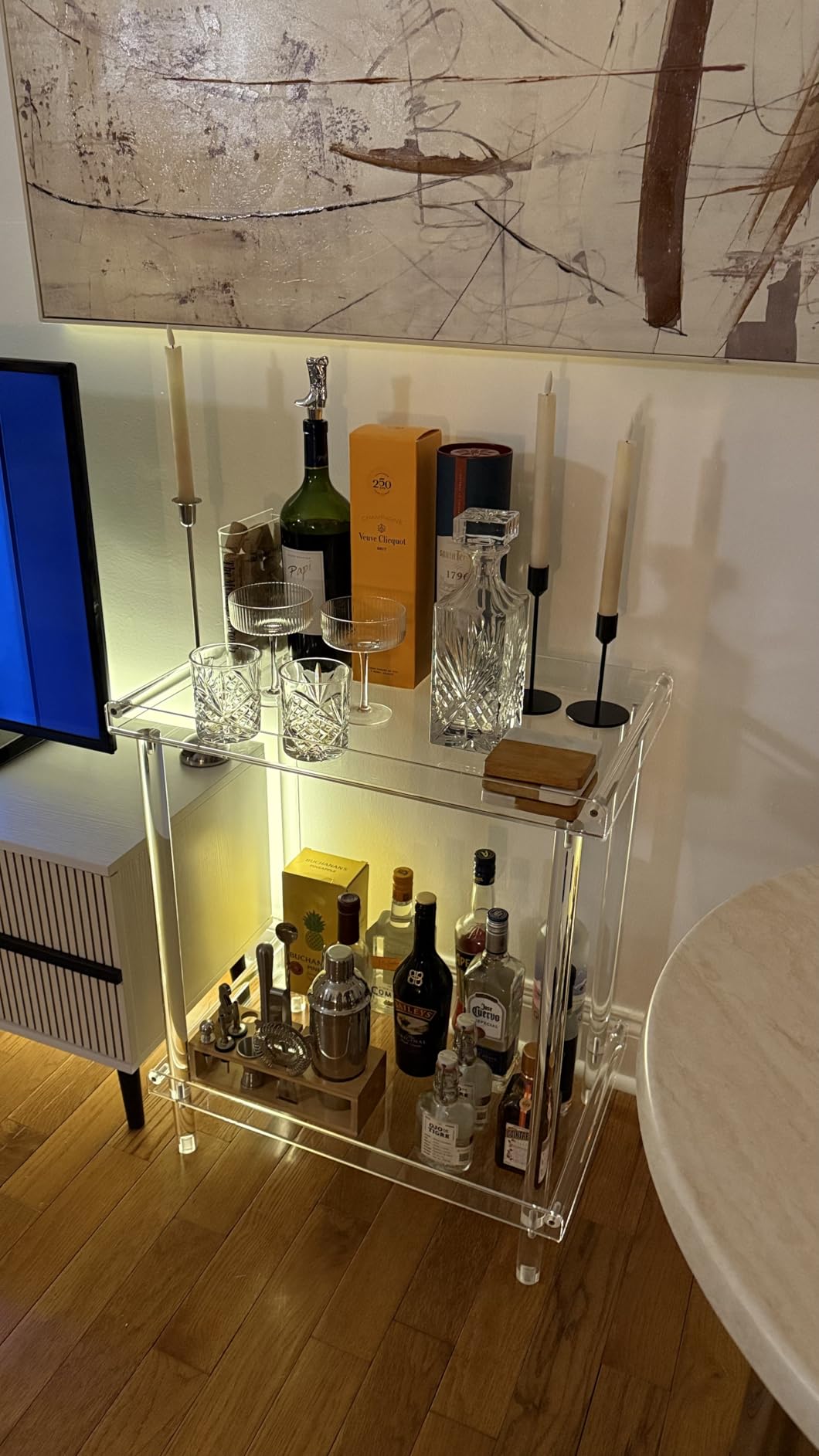 HMYHUM Acrylic Bar Cart, Rolling Serving Cart with 4 Lockable Wheels for the Home Bar, Kitchen, Living Room, Modern, 2-Tier, 23.6