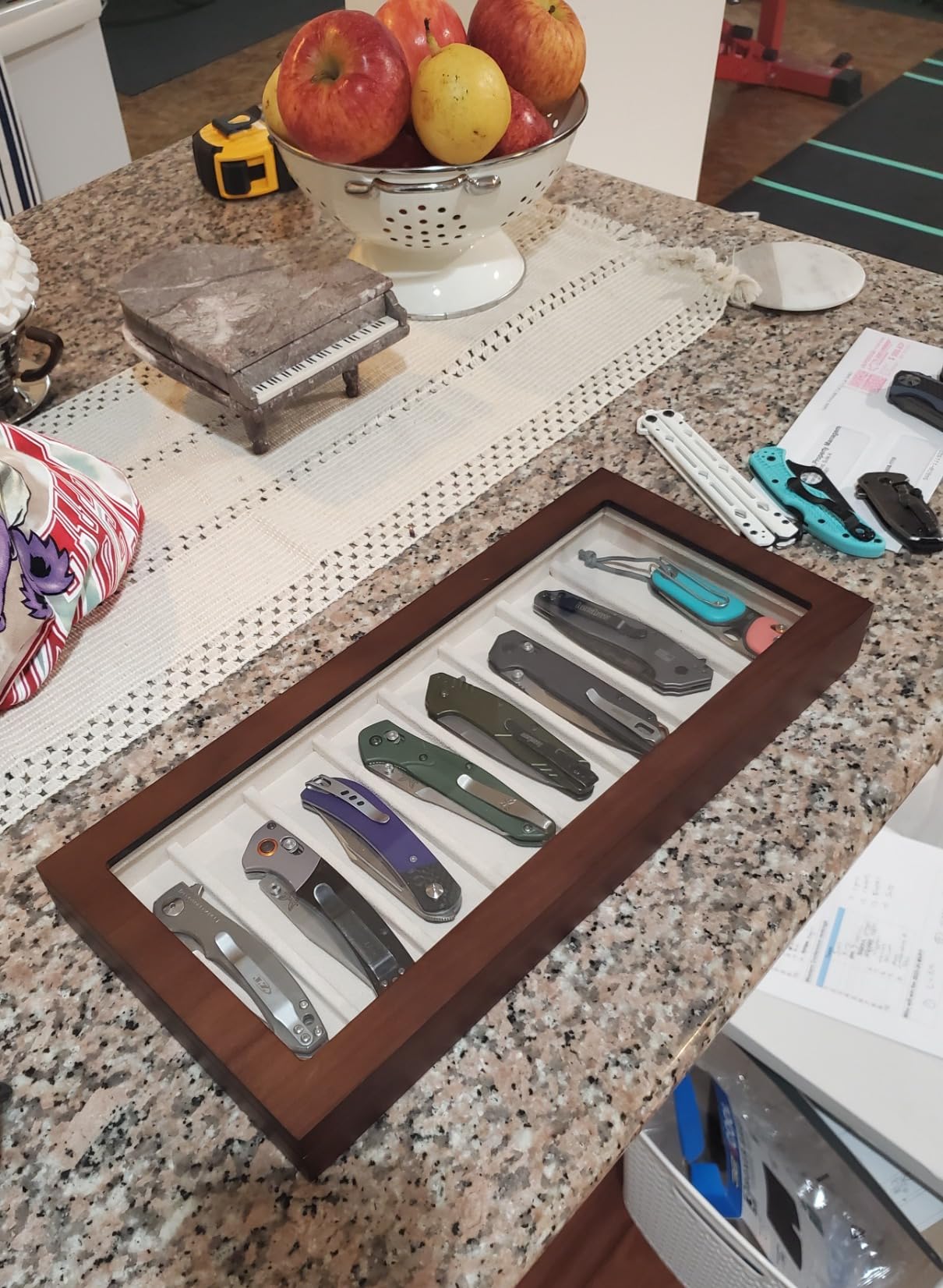 Knife Display Case Organizer storage 8 pocket knives, Folding Knife Holder with Real Glass Window Top, Pocket knife collection box for men gift (Walnut Veneer 8 slot) customer photo 1
