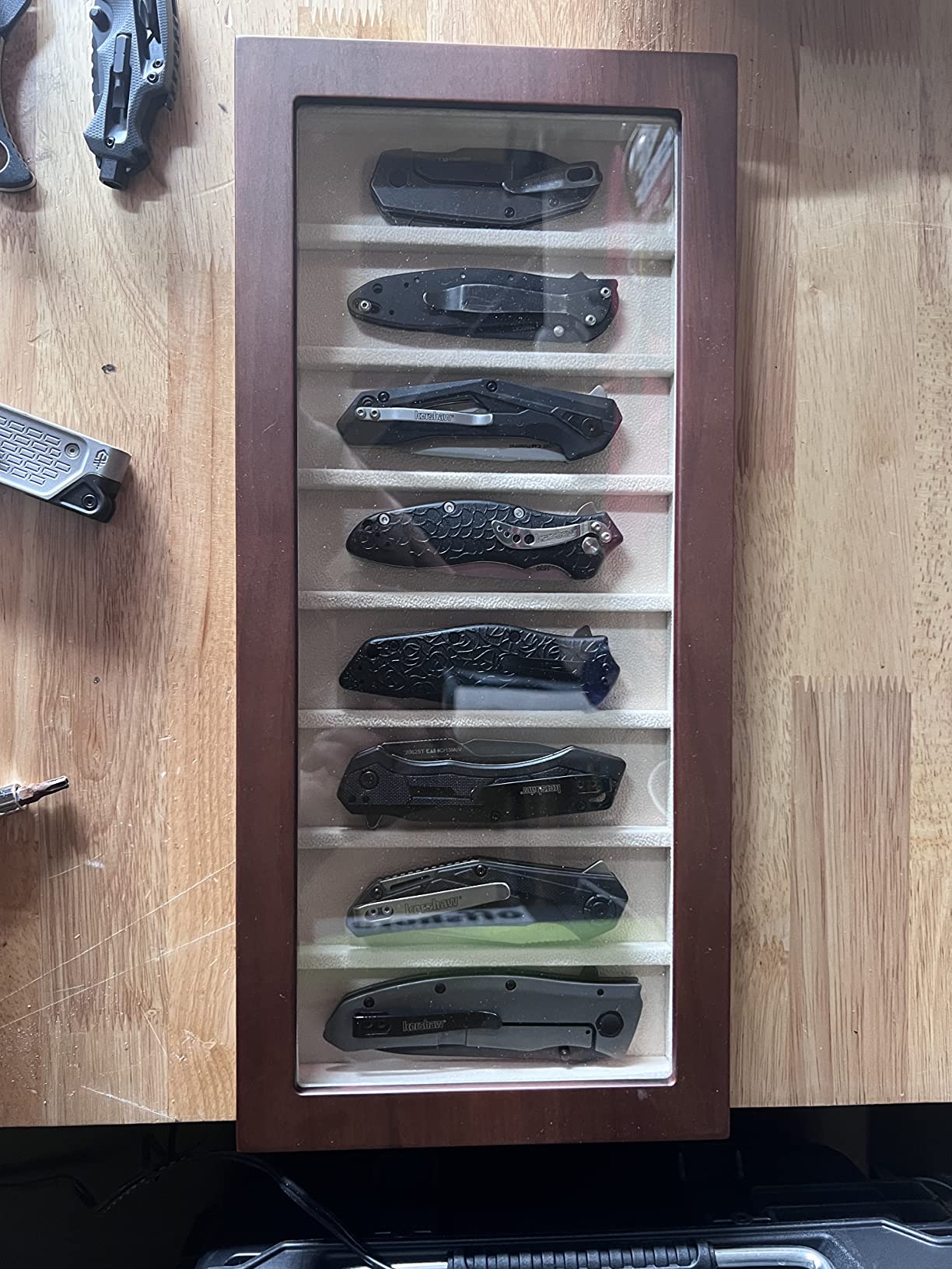 Knife Display Case Organizer storage 8 pocket knives, Folding Knife Holder with Real Glass Window Top, Pocket knife collection box for men gift (Walnut Veneer 8 slot) customer photo 2