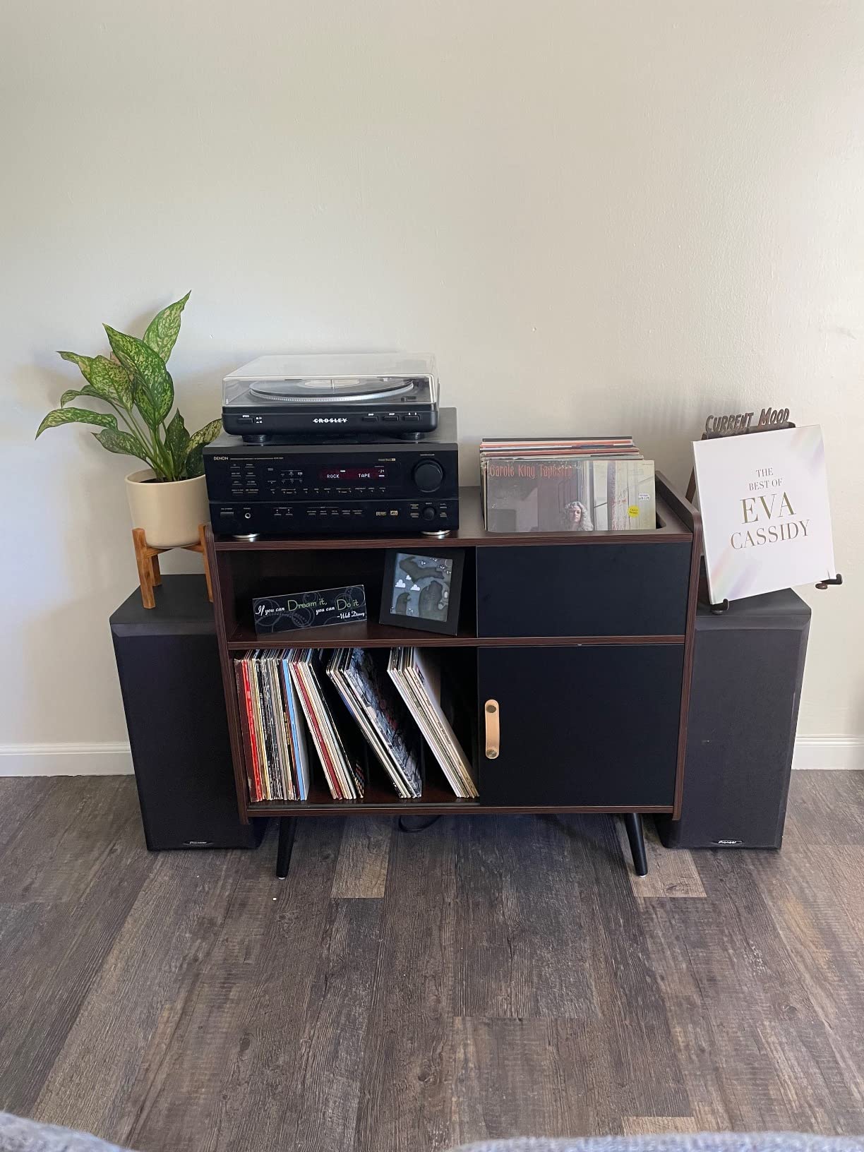 GDLF Record Player Stand with Vinyl Storage, Turntable Stand Cabinet | Holds 350 Albums, Sliding Door Storage, Power Outlet & USB Ports, Speaker Shelf, Solid Wood Legs, Mid Century Modern Design customer photo 2