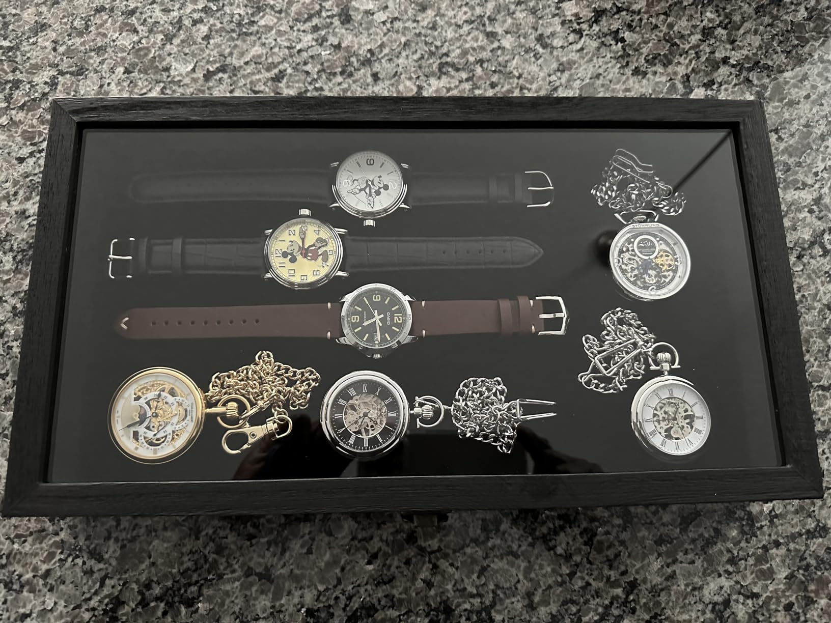 MOOCA Wooden Jewelry Display Case, Pocket Knife Display Case with Tempered Glass Top Lid and Removable Black Luxurious MDF Velvet Jewelry Pad, Black Color customer photo 2