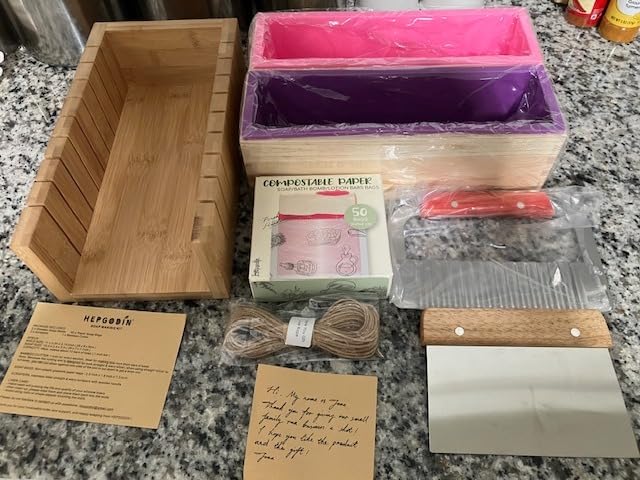 Soap Mold Making Kit with Wooden Cutter Soap Molds Silicone 46oz Purple | Melt and Pour or Cold Process, 50pc Soap Packaging Paper Bags and Slicer | Gift for Wife Women Housewife Soaper customer photo 1