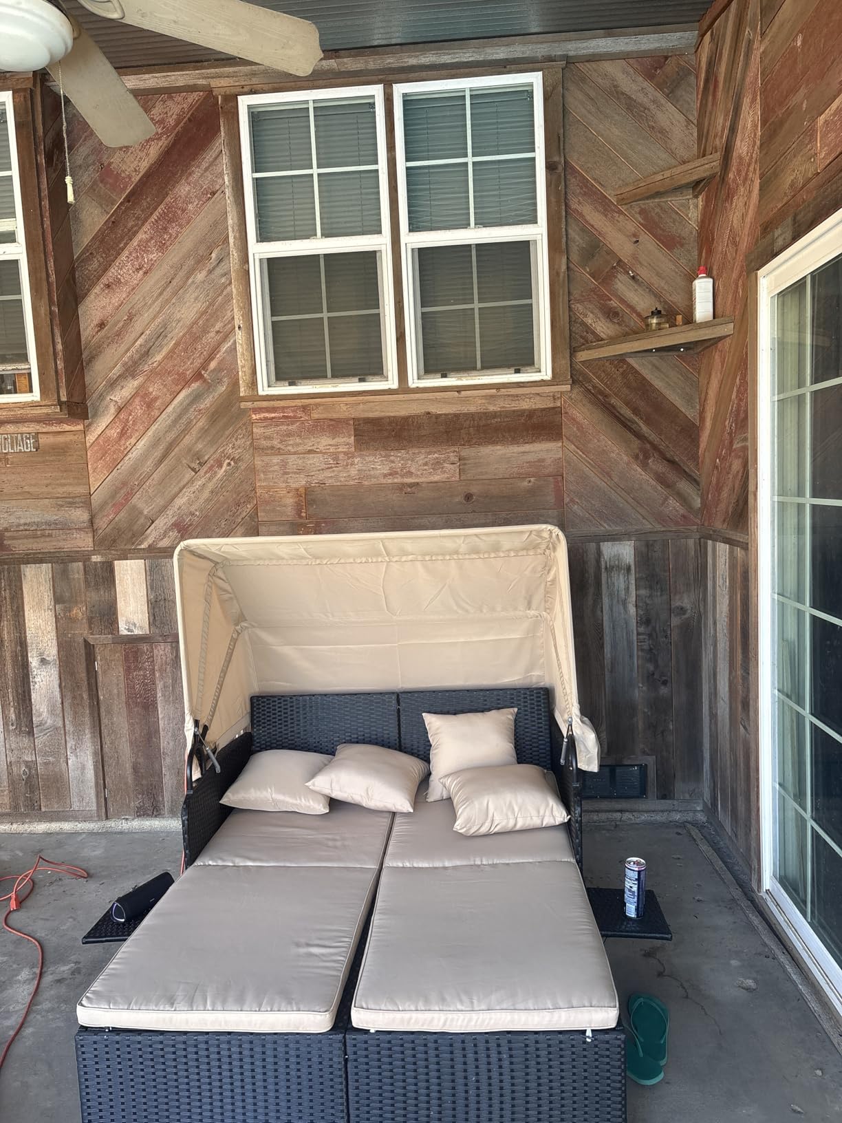 Tangkula Patio Rattan Daybed with Retractable Canopy, Outdoor Wicker Sunbed Lounger with 2 Foldable Side Tables, Thick Seat & Back Cushions, Double Daybed for Garden, Backyard, Porch (Off White) customer photo 2
