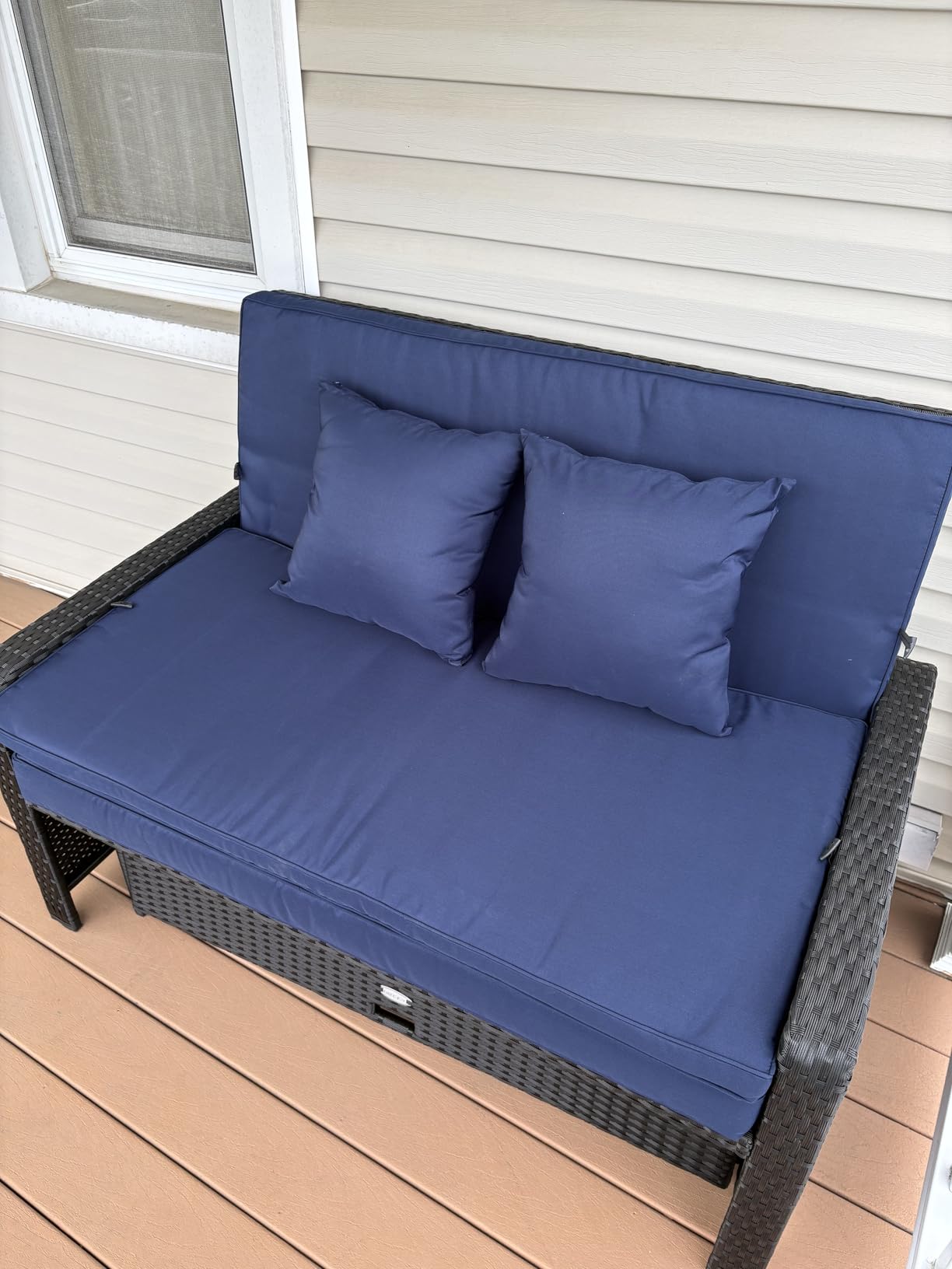 Tangkula Patio Rattan Daybed with 4-Level Adjustable Backrest, Outdoor PE Wicker Loveseat with Storage Ottoman & Folding Side Tray, Double Sunbed Lounger for Balcony, Backyard & Poolside, Navy & Brown customer photo 1