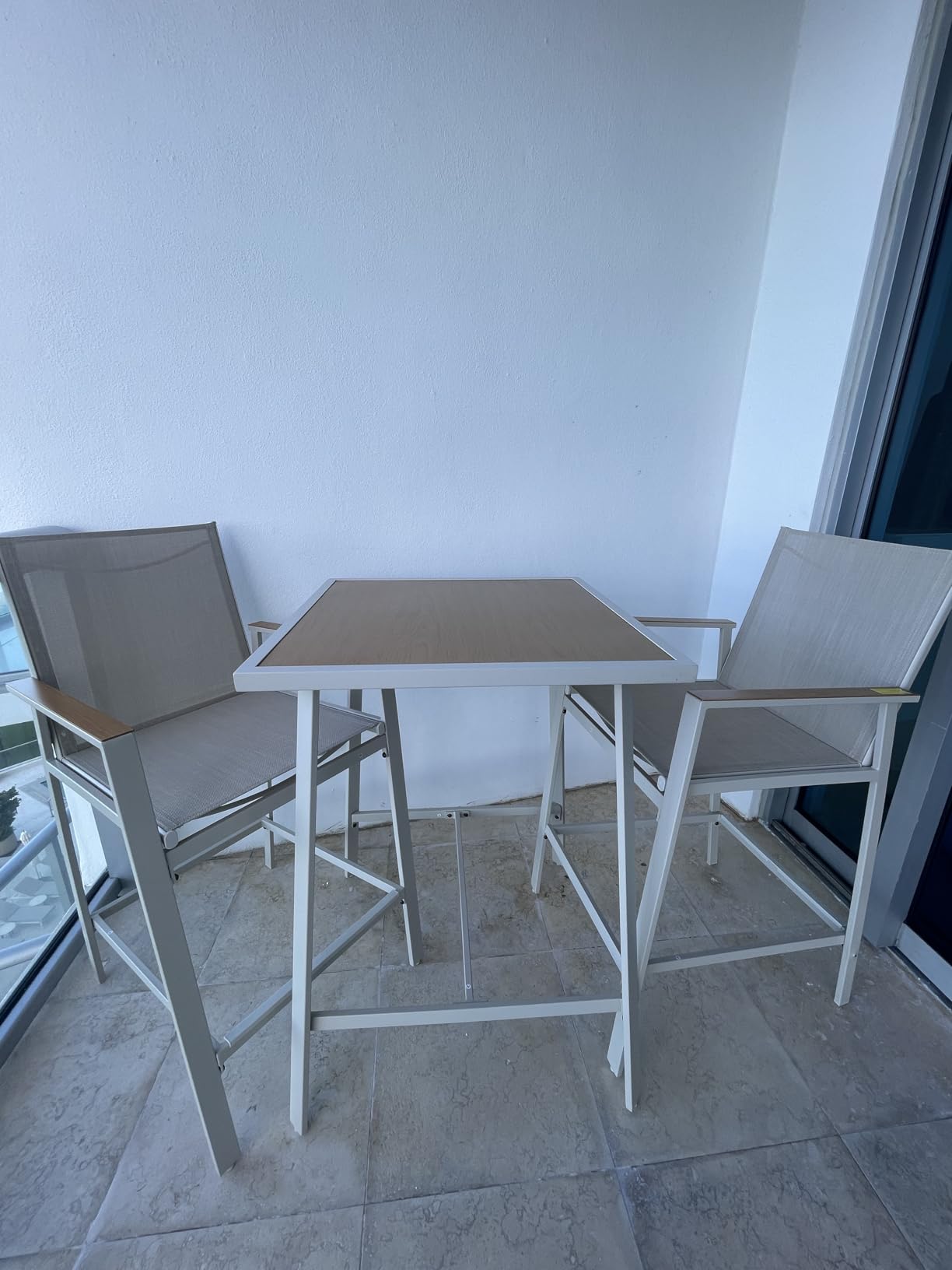 3-Piece Patio Bar Set, All Weather Textilene Bar Height Table and Chairs Set with Wood Like-Top Table, Metal Counter Height Bar Stools and Table Set for Garden, Deck, Balcony customer photo 1