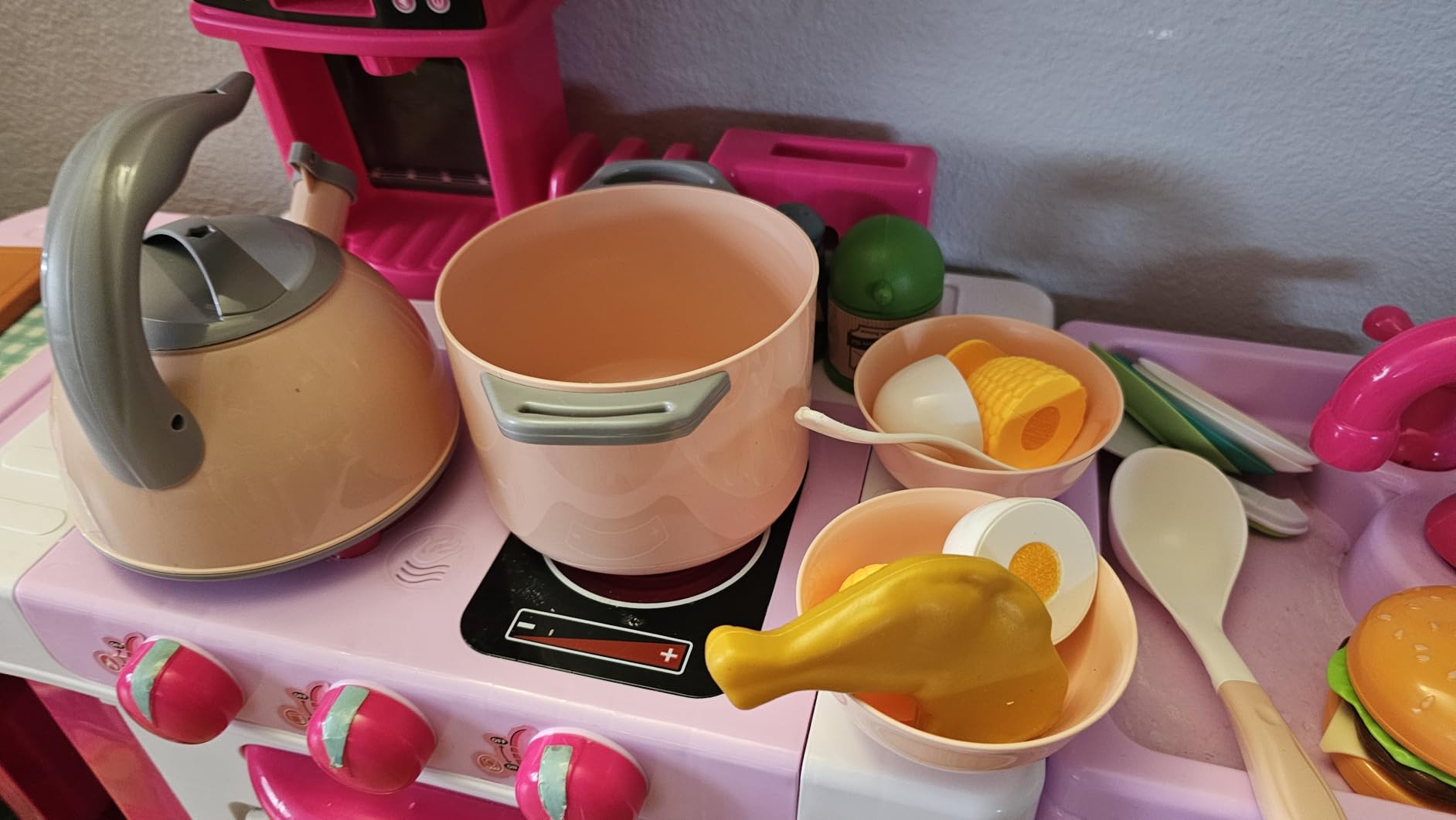 130Pcs Kitchen Playset, Toddler Pretend Cooking Play Pots, Pans, Utensils Cookware, Daily Food Fruit Veges, Shopping Storage Basket, Dessert, Prop Money, Learning Gift for Child (Blue) customer photo 2