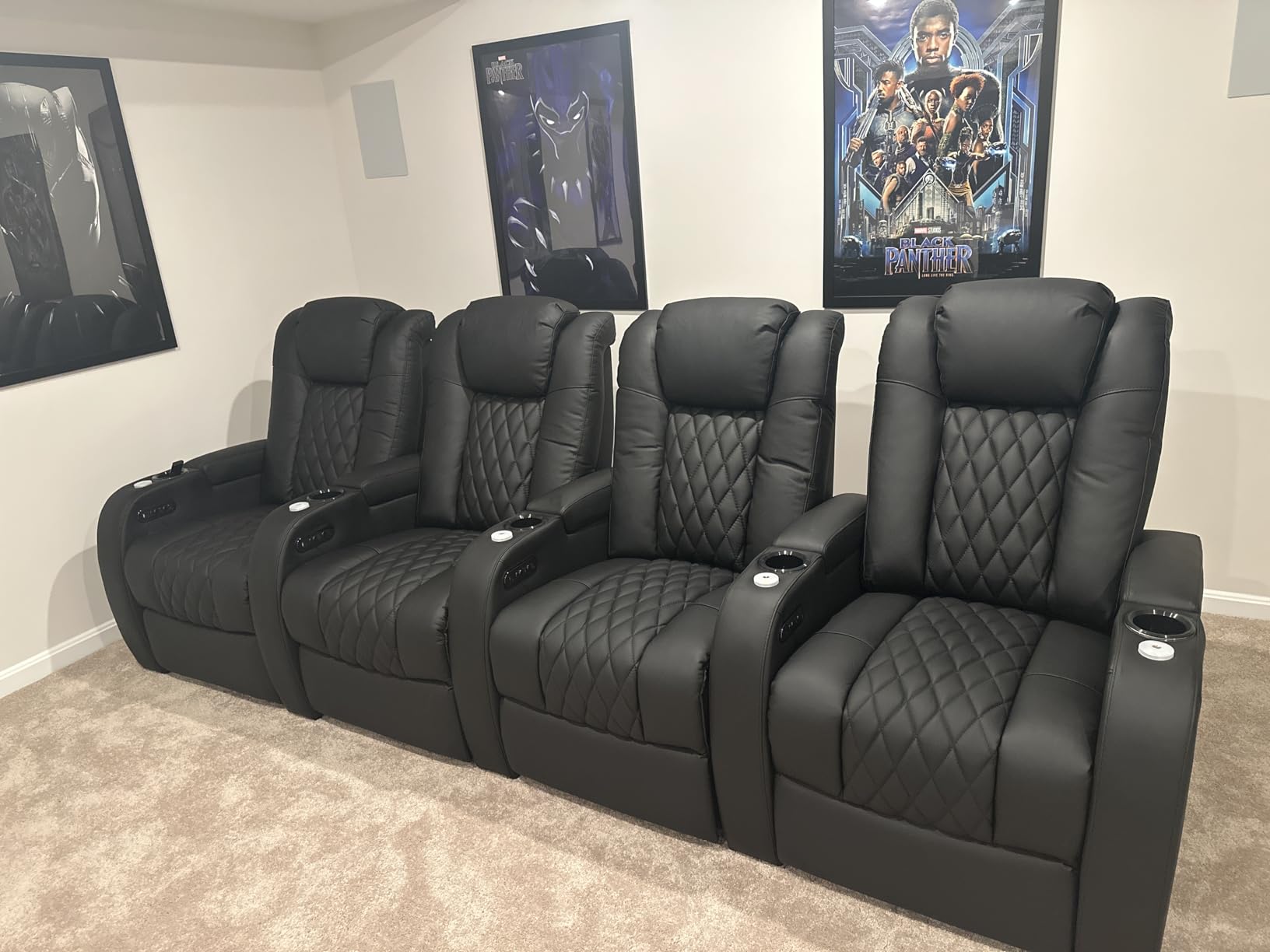 Weilianda Home Theater Seating Top Grain Leather, Zero Gravity Movie Theater Chairs Set, Power Headrest Recliner Chair Gaming Seats, 7 Colors Mood Light Sofa with Tray Table USB Charge Row of 3 Black customer photo 1