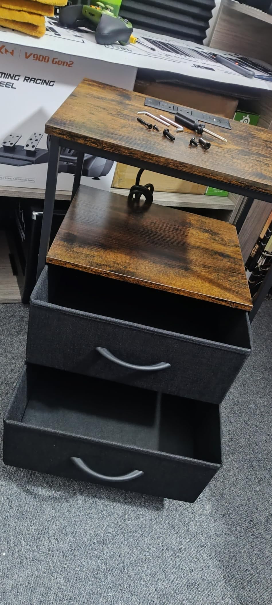 Huuger Nightstand with Charging Station, Side Table with Fabric Drawers, End Table with Open Shelf, Bedside Table with USB Ports and Outlets, Night Stand for Bedroom, Rustic Brown and Black customer photo 1