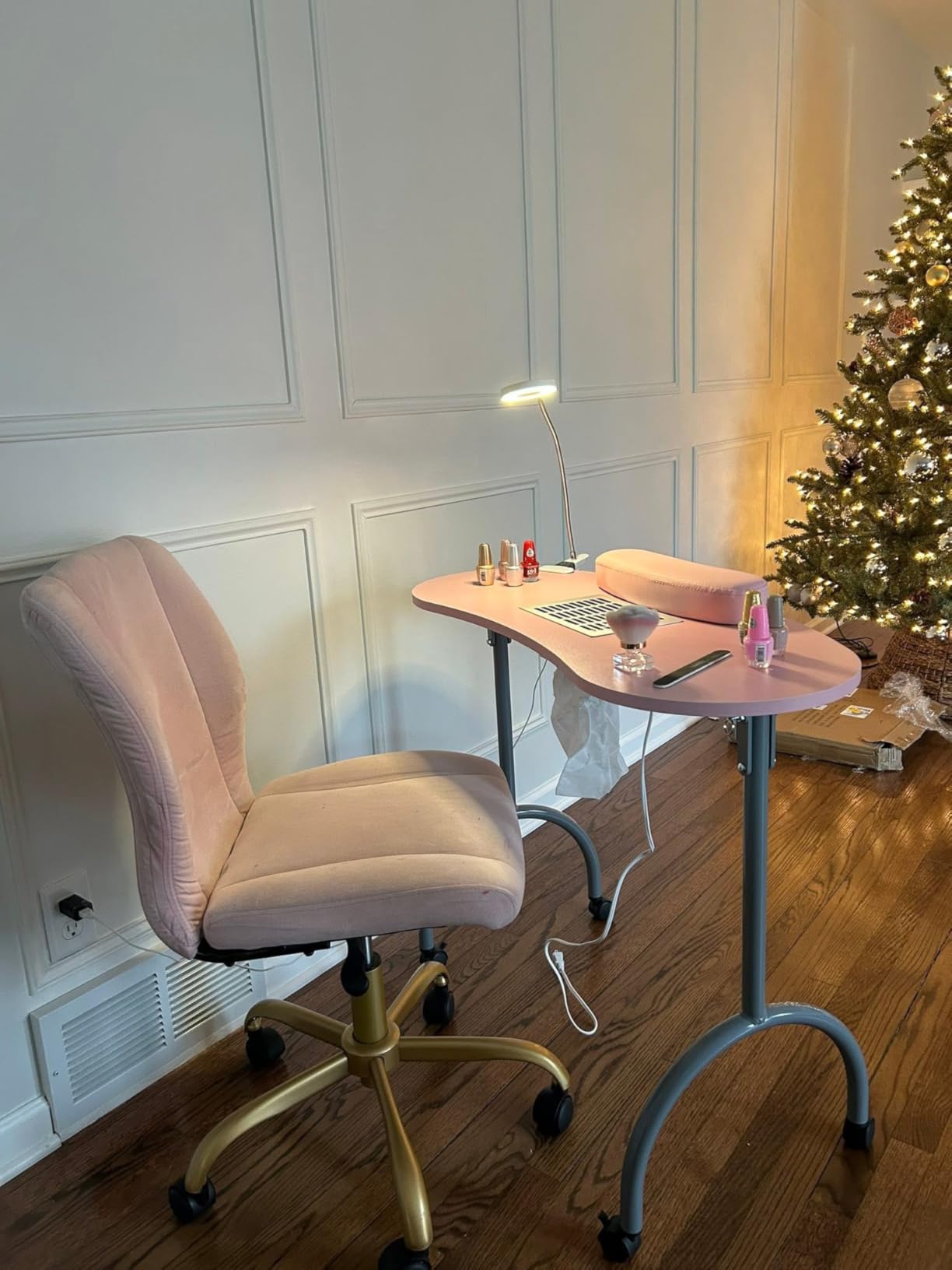 TABU Portable & Foldable Manicure Nail Table, Pink | Nail Desk with Dust Collector Fan, LED Lamp, 4 Lockable Wheels and Carry Bag, Wrist Cushion customer photo 2