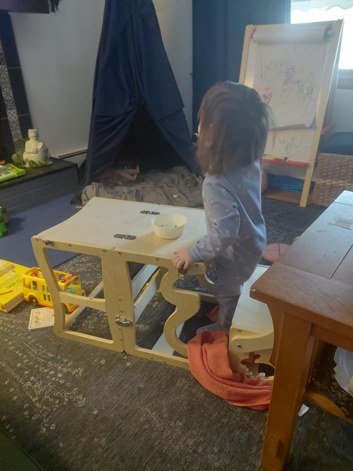 Toddler Tower, Kitchen Stool Helper for Toddlers, Learning Wooden Tower with Chalkboard and Backrest, 3 in 1 Kitchen Standing Tower, Foldable Weaning Table with Safety Rail, Step Stool Montessori customer photo 2