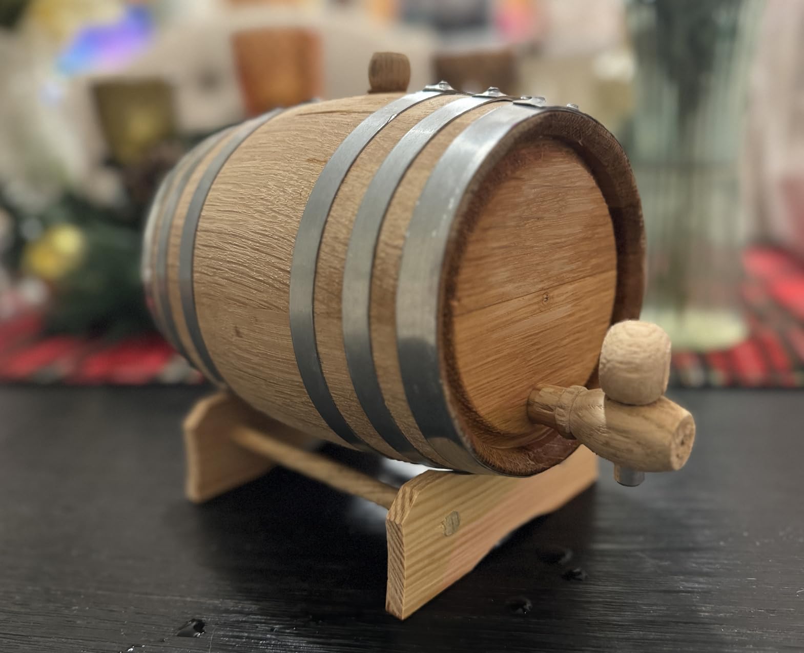 1 Gallon Oak Aging Barrel (Distillery Series - Steel Hoops, Unvarnished) with Wood Stand, Bung and Spigot - 5 Liter Charred Oak Bourbon Whiskey Barrels customer photo 1