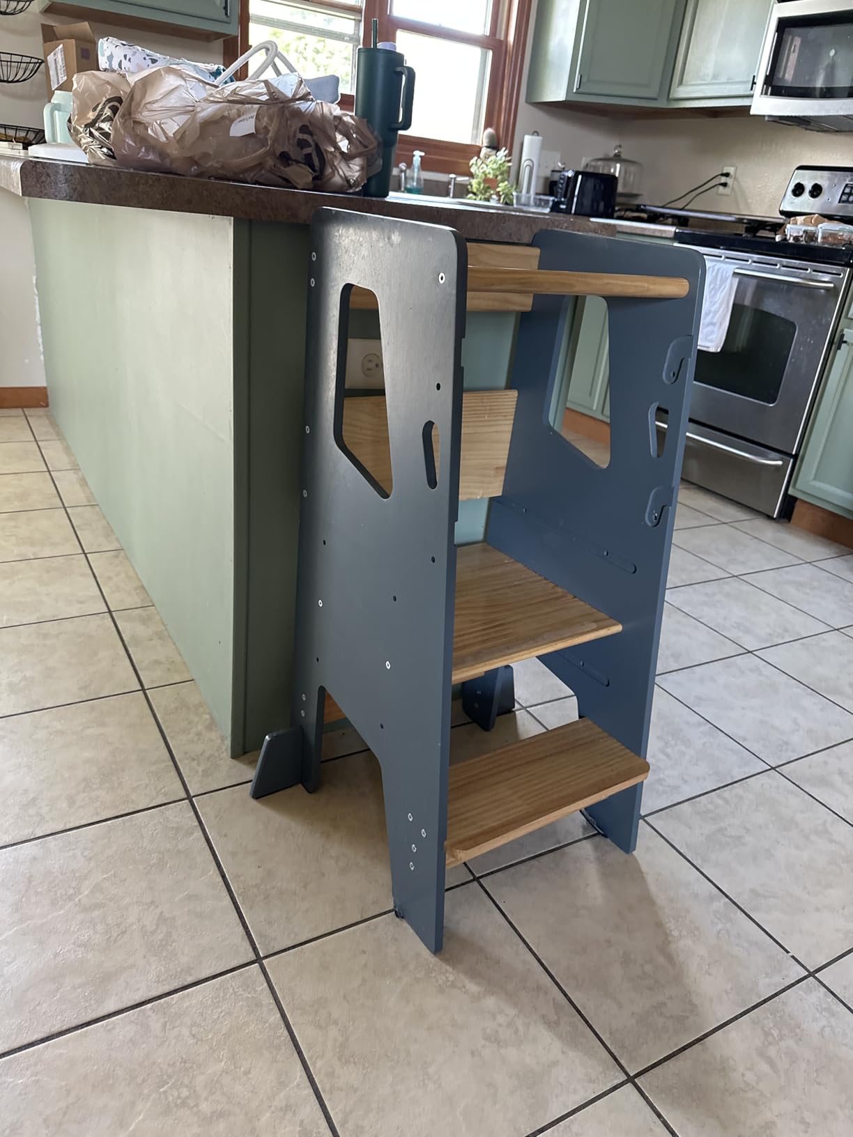 Toddler Standing Tower with 3 Safety Bars - Kitchen Stool Helper - White | Non-slip strips for the steps and padded support feet for stability and confidence at the kitchen counter and bathroom sink customer photo 1