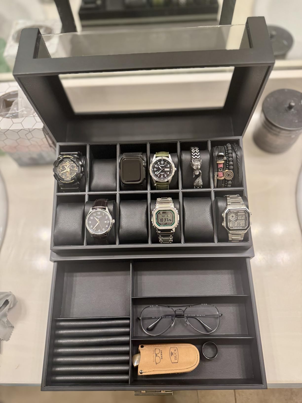 High End Watch Box for Men, 12 Slot Wooden Watch Case With Drawer, Watch Display Box with Glass Lid, 2-Layer Watch Holder for Jewelry and Watch Storage for Men Women, Ideal for Gift (With Gift Box) customer photo 1