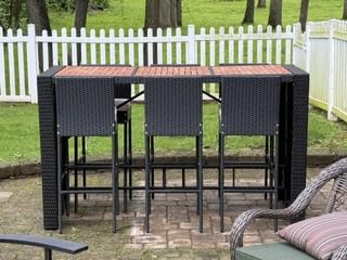 Yaheetech 7 Piece Patio Dining Set Outdoor Acacia Wood Bar Table and Chairs with Removable Cushions, Wicker Furniture Set for Deck, Backyard, Garden, Black/Beige customer photo 2