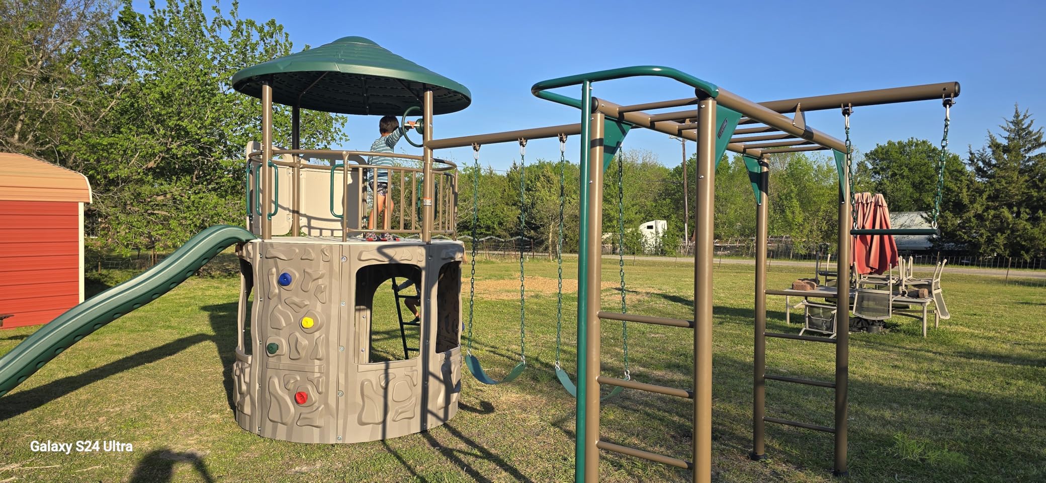 Backyard Discovery Adventure Tower Deluxe Swing Set Playset - Covered Clubhouse, 9 ft Wavy Slide, Monkey Bars, Climbing Wall, Fireman's Pole, Belt Swings & Trapeze customer photo 1