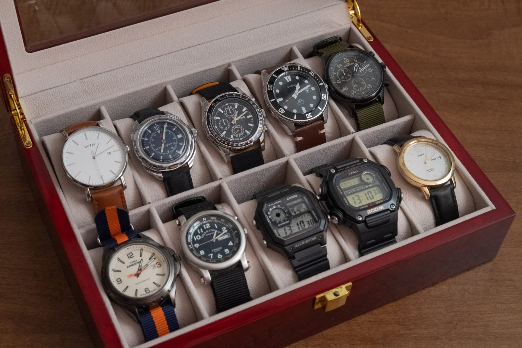 Uten Watch Box with 10 Slots, Watch Case Organizer with Golden Lock and Key, Wooden Watch Display Storage Box with Removable Watch Cushions, Velvet Lining, Metal Clasp, Gift for Men & Women customer photo 1