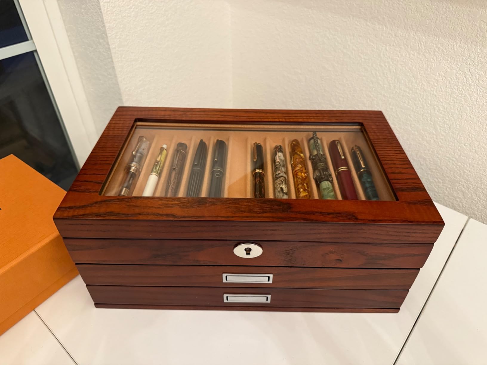 Wood Pen Display Case 36 Slot Fountain Pen Box Storage Organizer with Drawer, Top Glass Window Pen Collection Display Case customer photo 2