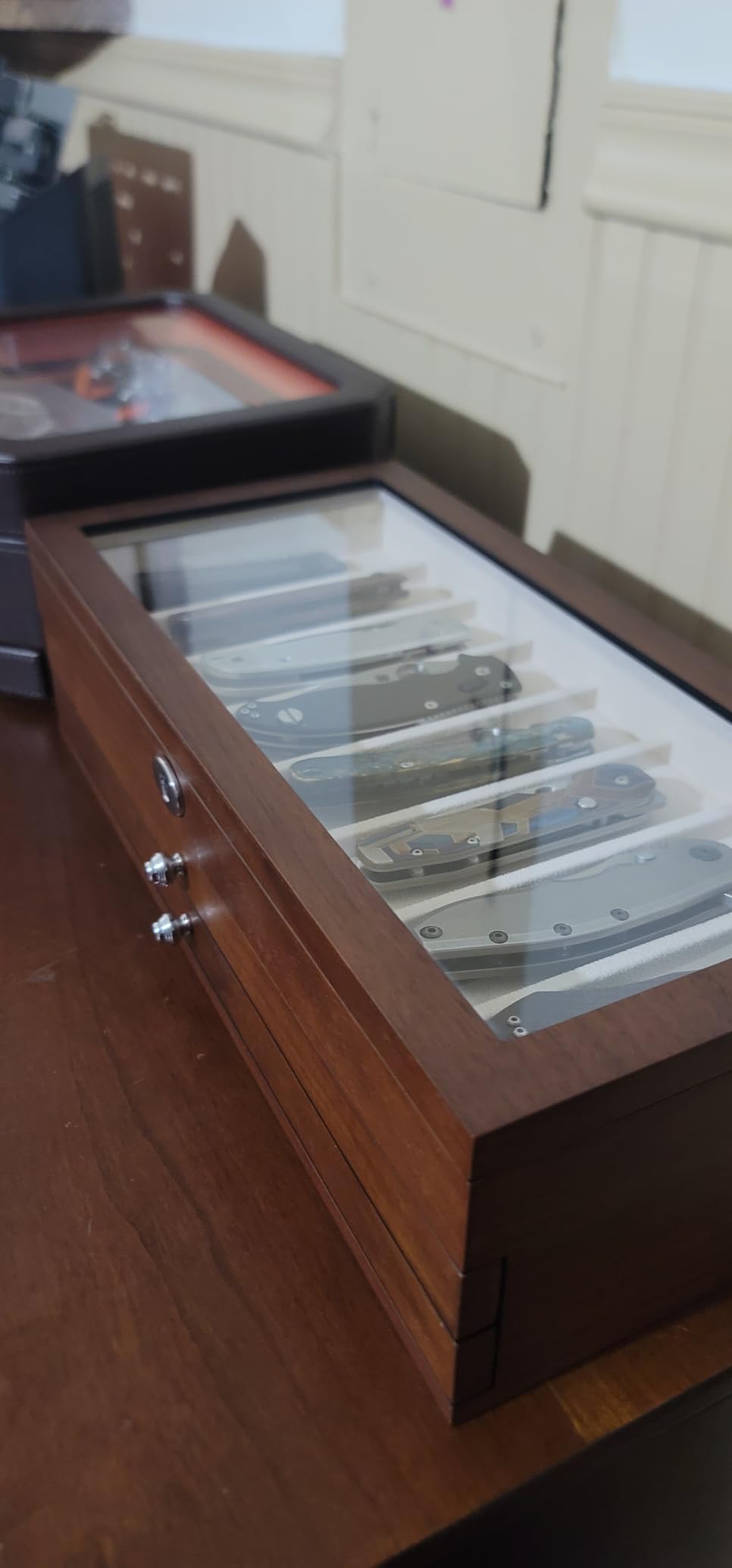 Pocket Knife Display Case for men collection holder 22-26 folding knife with Walnut Finish Three-Tier Knife organizer storage box with Real Glass Window Top (walnut veneer with 2 draw) customer photo 1