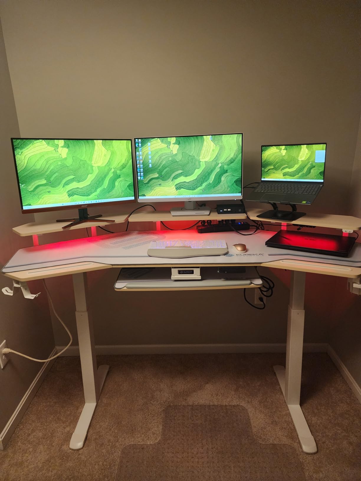 Standing Desk with Keyboard Tray, Large Music Studio Gaming Desk, Wing Shaped Sit Stand Table 72'', LED Convertible Shelves, Dual Motor&Slot, Maple customer photo 1