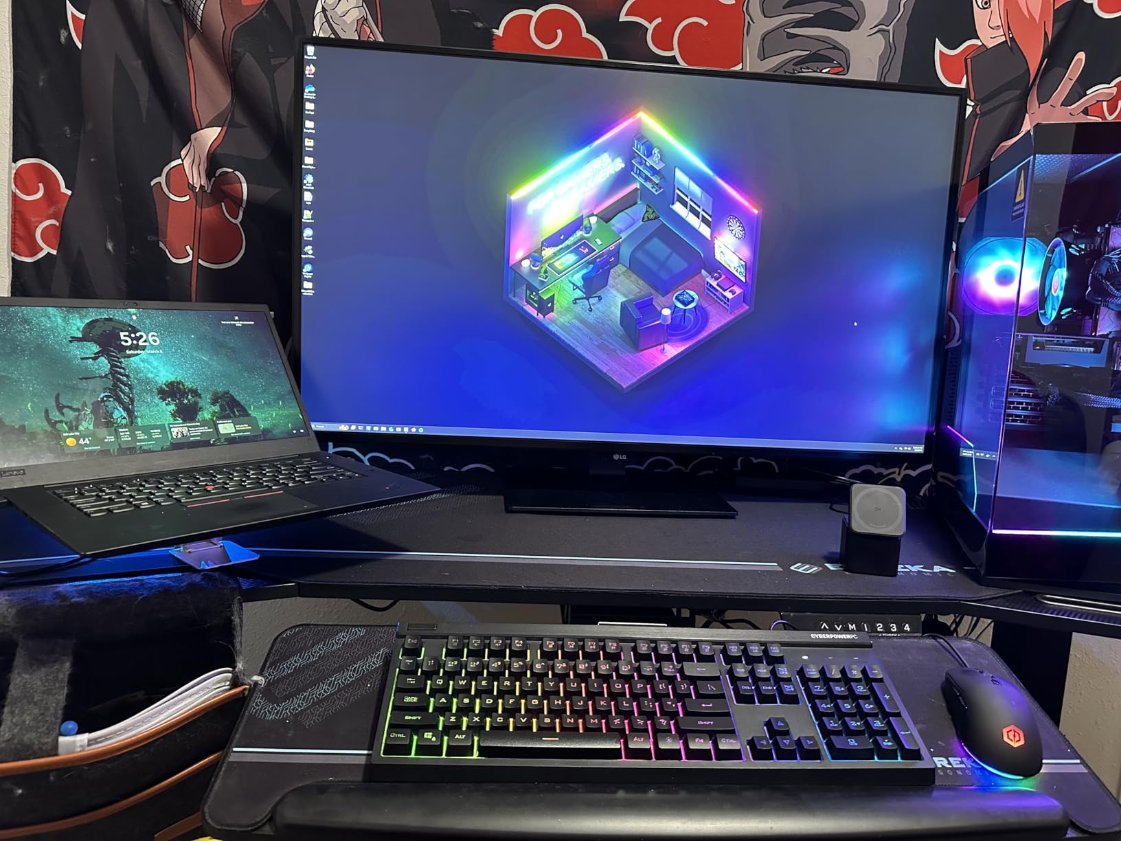 Standing Desk with Keyboard Tray, Large Music Studio Gaming Desk, Wing Shaped Sit Stand Table 72'', LED Convertible Shelves, Dual Motor&Slot, Maple customer photo 2