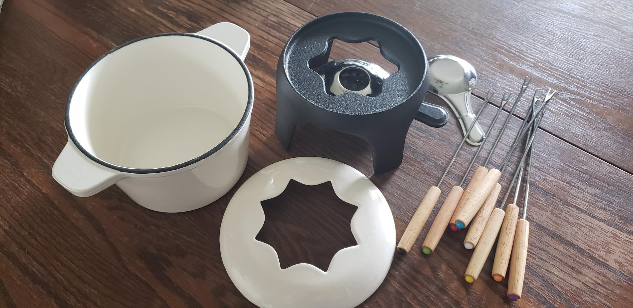 BIRDROCK HOME Cast Iron Fondue Pot Set | 8 Fondue Forks, Chrome Safety Burner | Chocolate, Cheese, Melting, Dip Warmer, Mini Fountain, Covered Strawberries | Wedding Gifts, Hosting Essentials | Cream customer photo 1