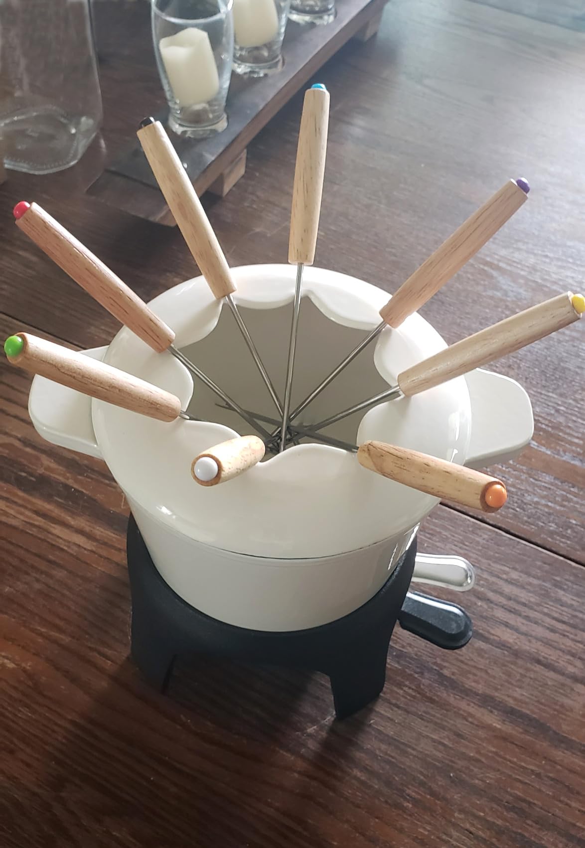 BIRDROCK HOME Cast Iron Fondue Pot Set | 8 Fondue Forks, Chrome Safety Burner | Chocolate, Cheese, Melting, Dip Warmer, Mini Fountain, Covered Strawberries | Wedding Gifts, Hosting Essentials | Cream customer photo 2