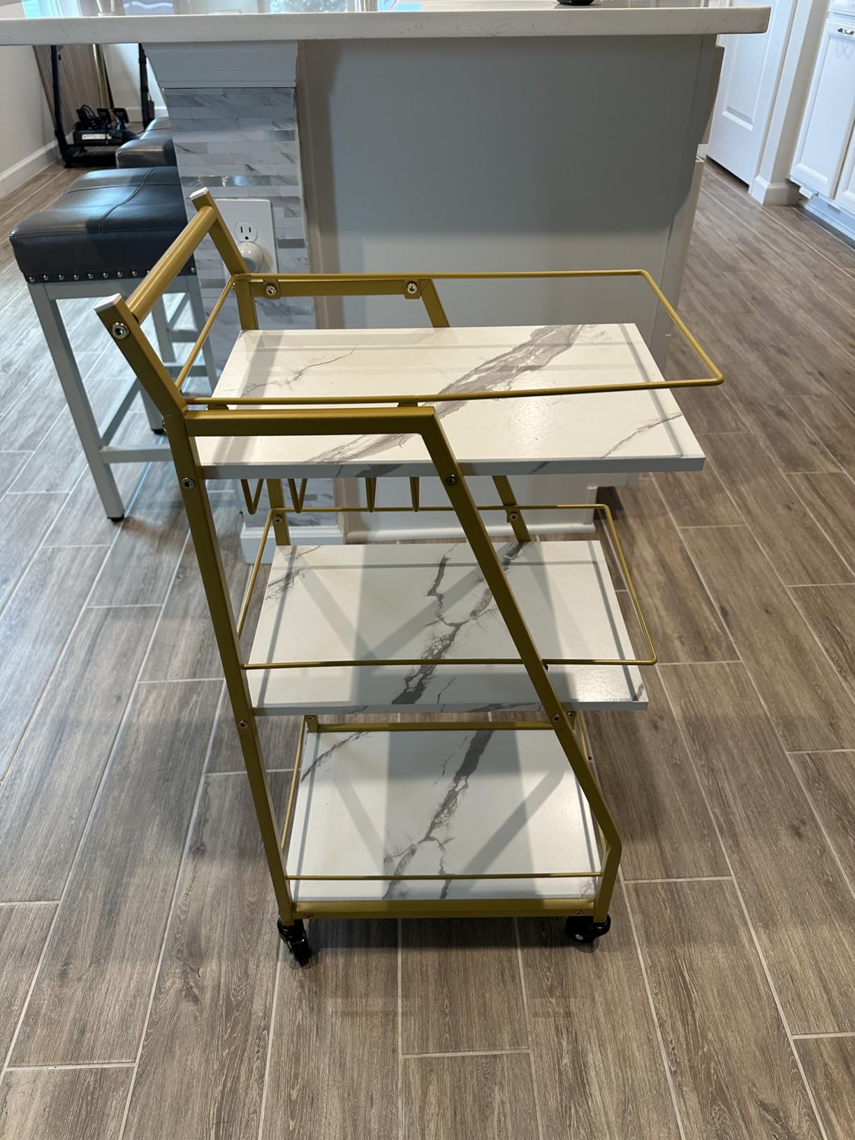 YATINEY Bar Cart, 3-Tier Home Bar Serving Cart with Wheels, Drink Cart with Glass Holder, Beverage Cart, Rolling Kitchen Cart, for Home, Living Room, Gold BC03DW customer photo 2