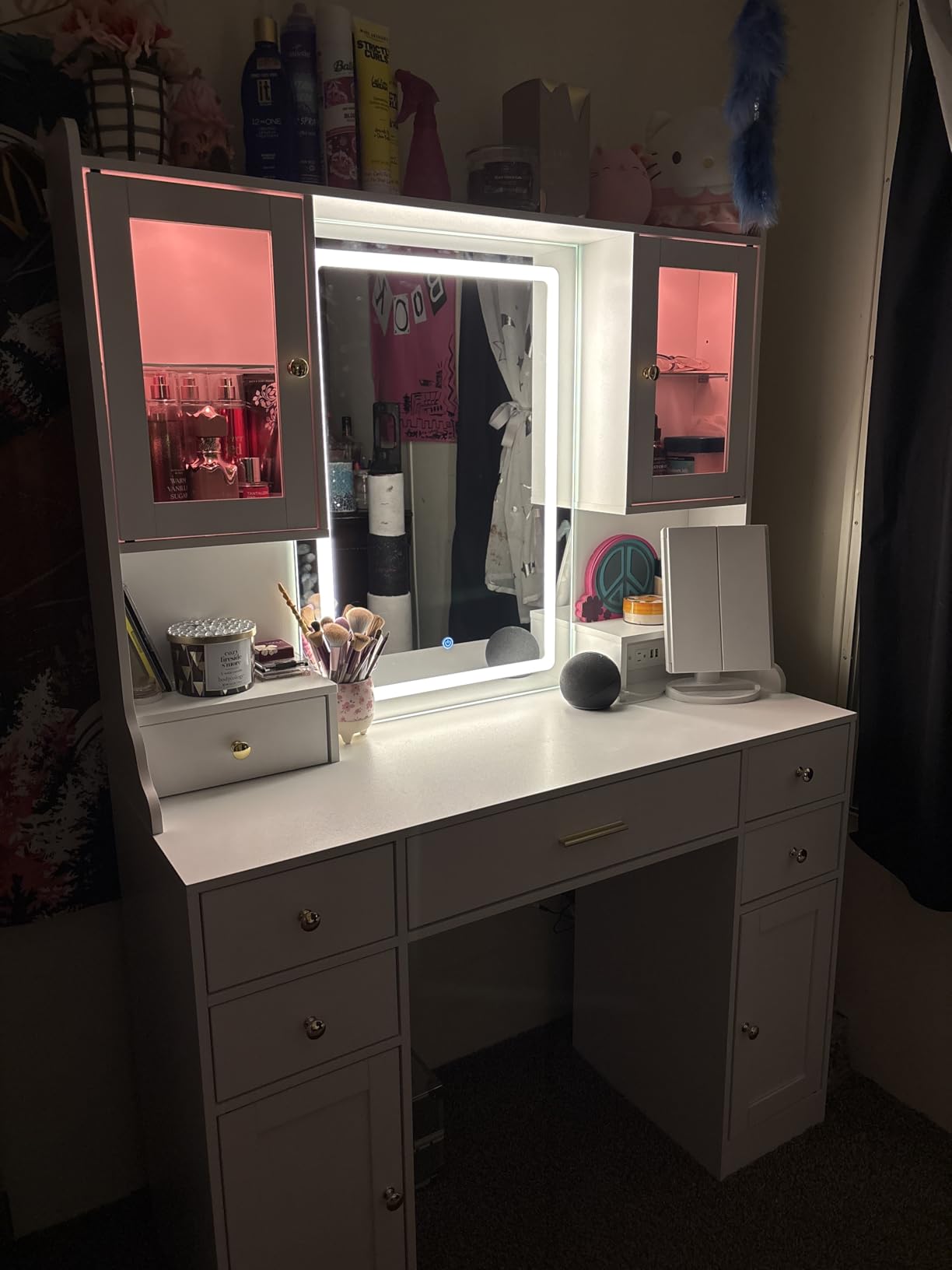 CSZZD White Makeup Vanity Desk with LED Mirror & RGB Cabinets, Vanity Table with Charging Station and 6 Storage Drawers, Adjustable 3 Mode Mirror Lights, Bedroom Dressing Table for Women customer photo 1
