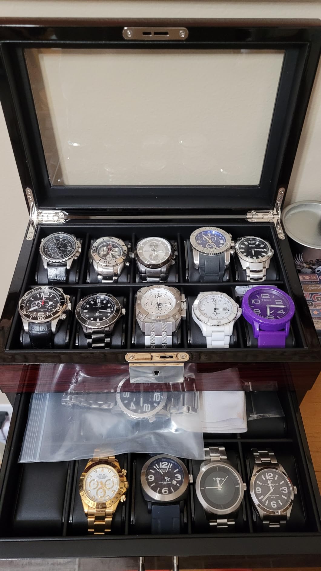 ANWBROAD Watch Box 20-Slot Wooden Watch Case Organizer with Large Glass Lid | 2-Layer Watch Display Case for Men with Removable Watch Pillows, Lockable Watch Storage Box with Piano Paint UJWB002Y customer photo 2
