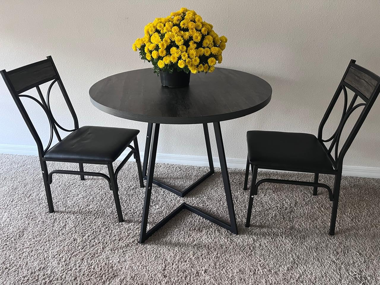 VECELO Round Dining Room Table with Wood Grain Tabletop and Steel Frame, for Kitchen, Living Room, Office, Conference, 2 to 4 Person, Antique Brown customer photo 2