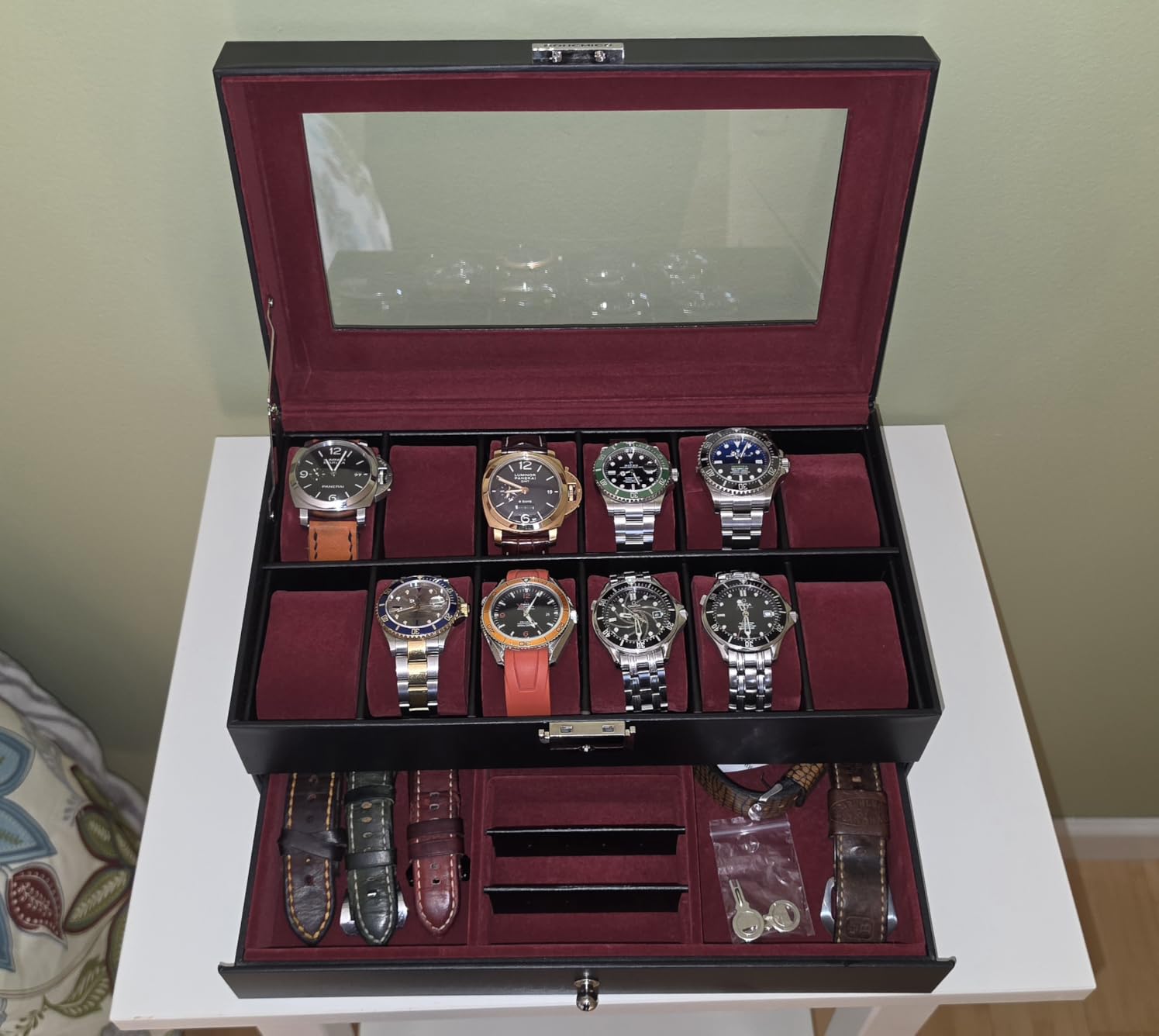 SONGMICS 12-Slot Watch Box, Lockable with Glass Lid, 2 Layers Watch Case | For Rings, Bracelets, Gift Idea, Black Synthetic Leather, Red Lining, BRIDIE Collection, UJWB012R01 customer photo 1