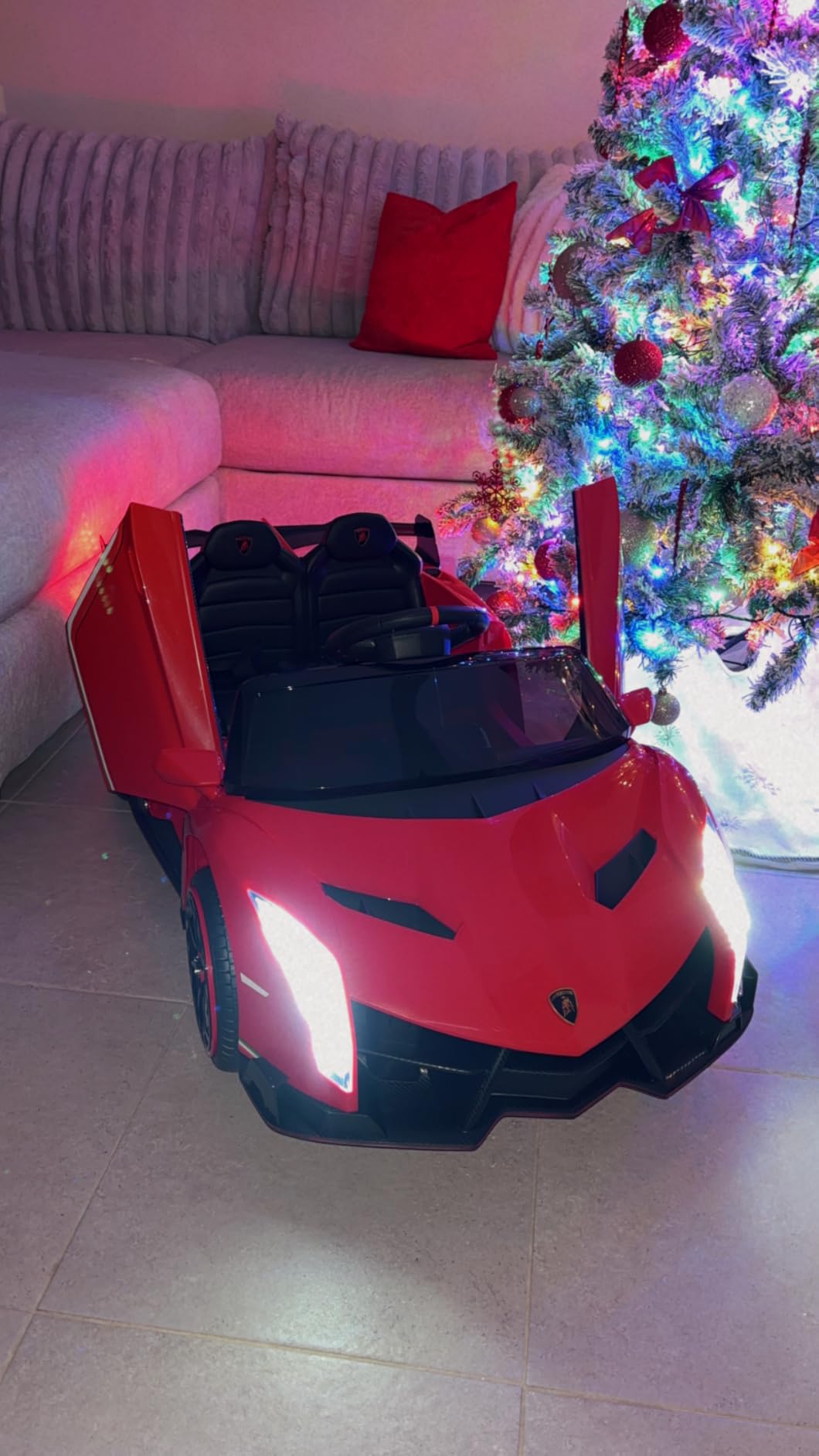 OLAKIDS 2 Seater Kids Ride On Car, 12V 4WD Licensed Lamborghini Veneno Electric Vehicle with Remote Control, Toddlers Battery Powered Toy Gift with 2 Speeds, Rocking Mode, Music, USB, MP3 (Pink) customer photo 1