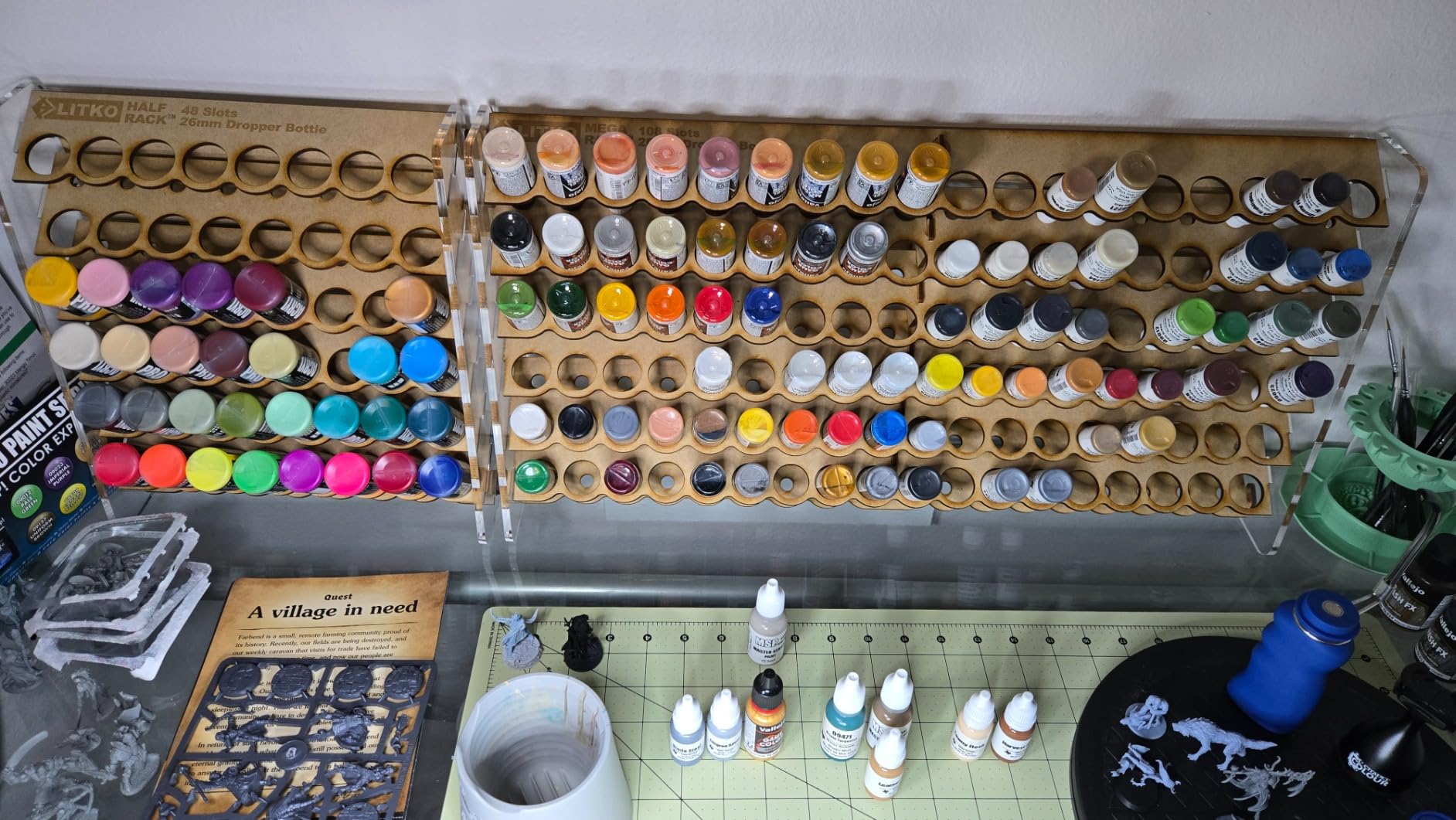 Paint Rack | Holds 108 18mL Dropper Bottles | Wall Mount | Workbench | Fits Vallejo, Army Painter, & 26mm paints | 24x12x4in acrylic & MDF | Store bottles upright or inverted | No-glue tab-&-slot customer photo 1