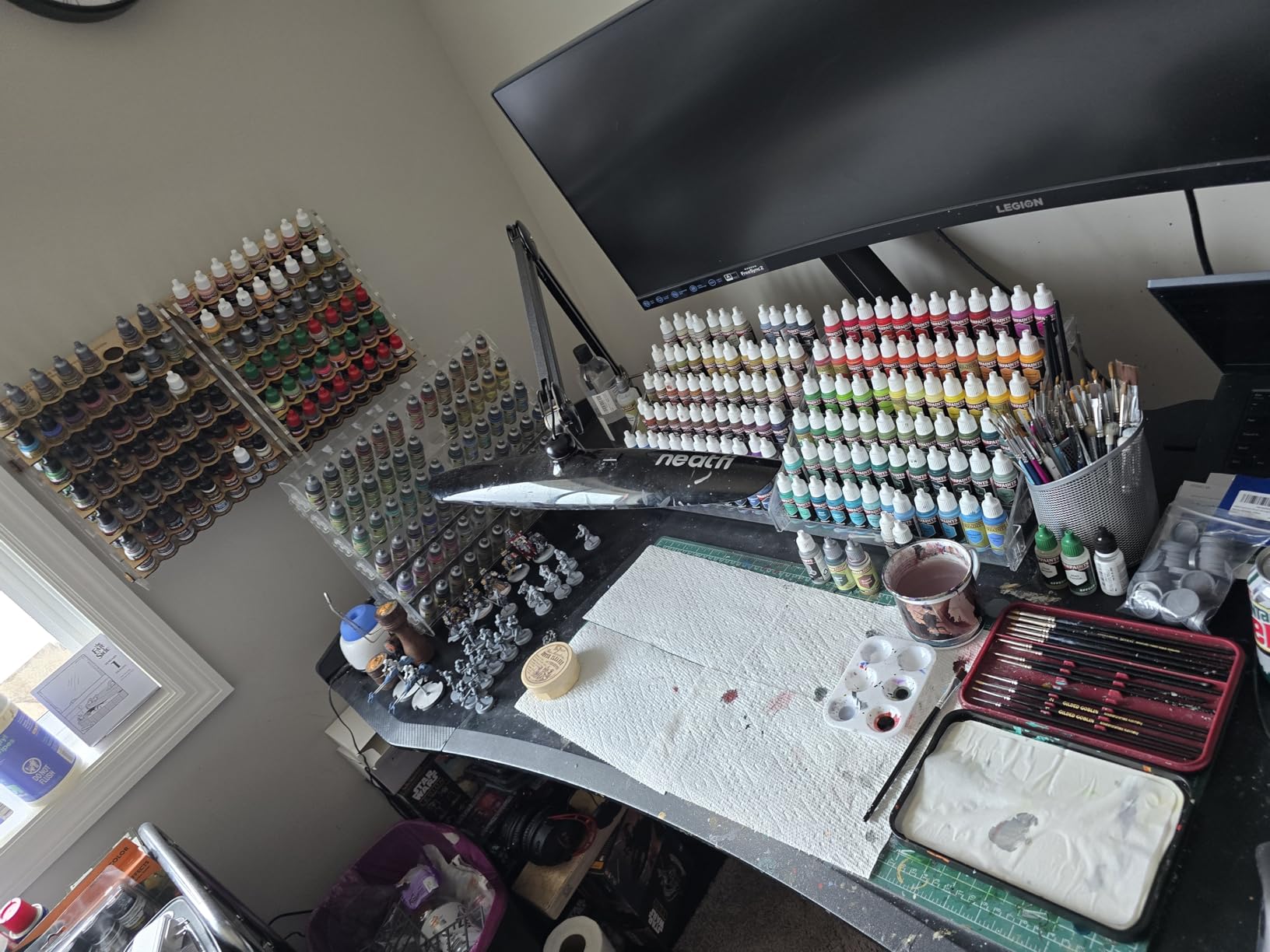 Paint Rack | Holds 108 18mL Dropper Bottles | Wall Mount | Workbench | Fits Vallejo, Army Painter, & 26mm paints | 24x12x4in acrylic & MDF | Store bottles upright or inverted | No-glue tab-&-slot customer photo 2
