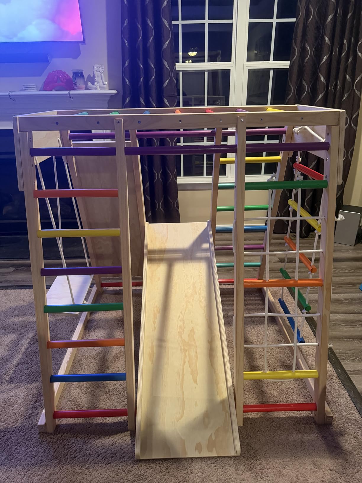 7 in 1 Pikler Indoor Playground Jungle Gym Playset, Wooden Montessori Climber with Slide, Rock Climb Wall, Monkey Bars, Rope Ladder, Climbing Rope and Swing for Kids(Rainbow) customer photo 2