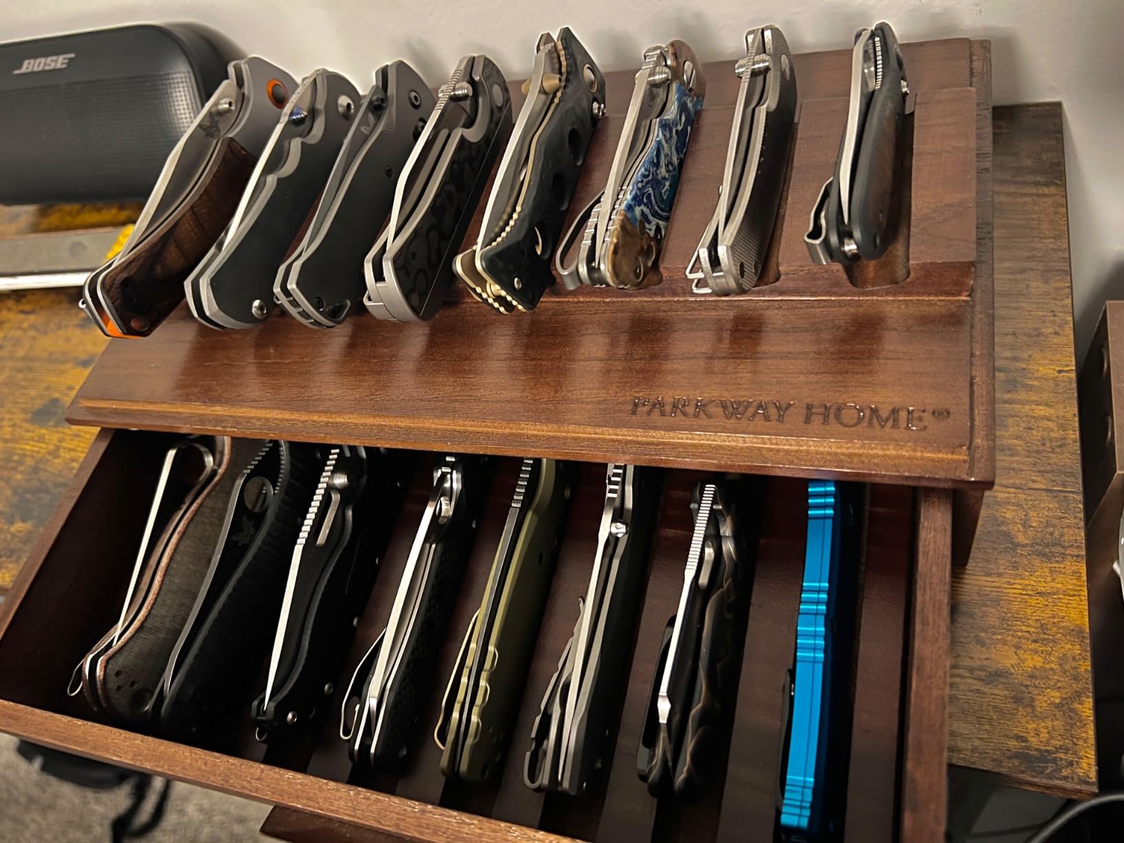 Pocket Knife Display Case for 16 Knives - Wooden Knife Collection Case Clear Cover - Two-Tier Knife Cases for Collections with a Removable Drawer Insert for Other EDC Items (Brown) customer photo 1