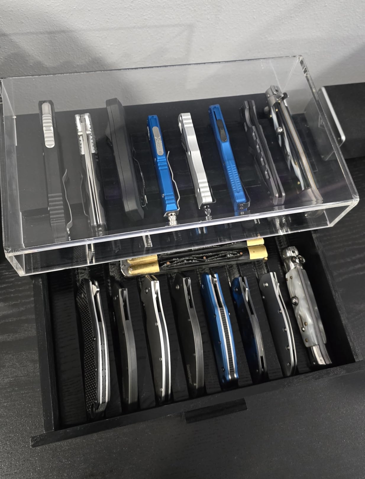 Pocket Knife Display Case for 16 Knives - Wooden Knife Collection Case Clear Cover - Two-Tier Knife Cases for Collections with a Removable Drawer Insert for Other EDC Items (Brown) customer photo 2