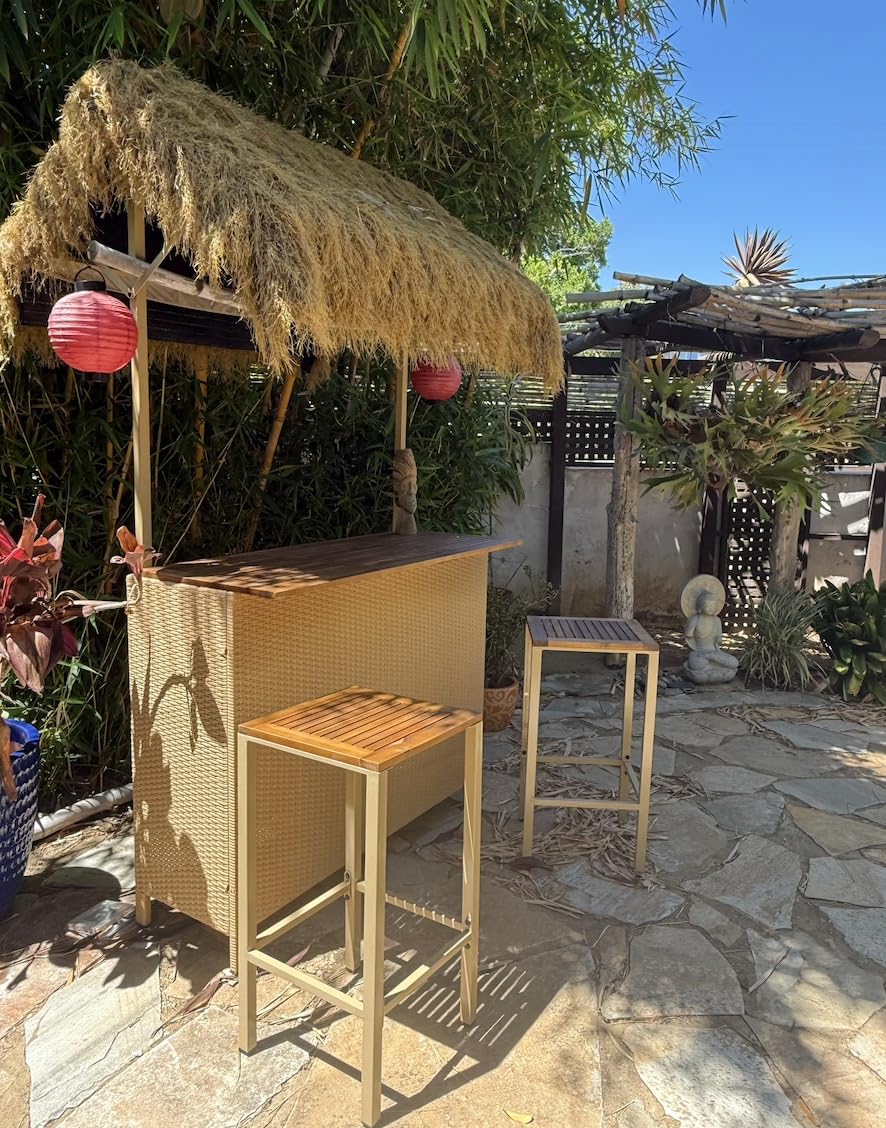 LUMISOL Outdoor Bar Table and Chairs Set, Hawaiian Style Bar Height Patio Set with PE Grass Canopy, Acacia Wood Top and Adjustable Feet, 3 Piece Wicker Island Bar and 2 Stools Set, Natural customer photo 1