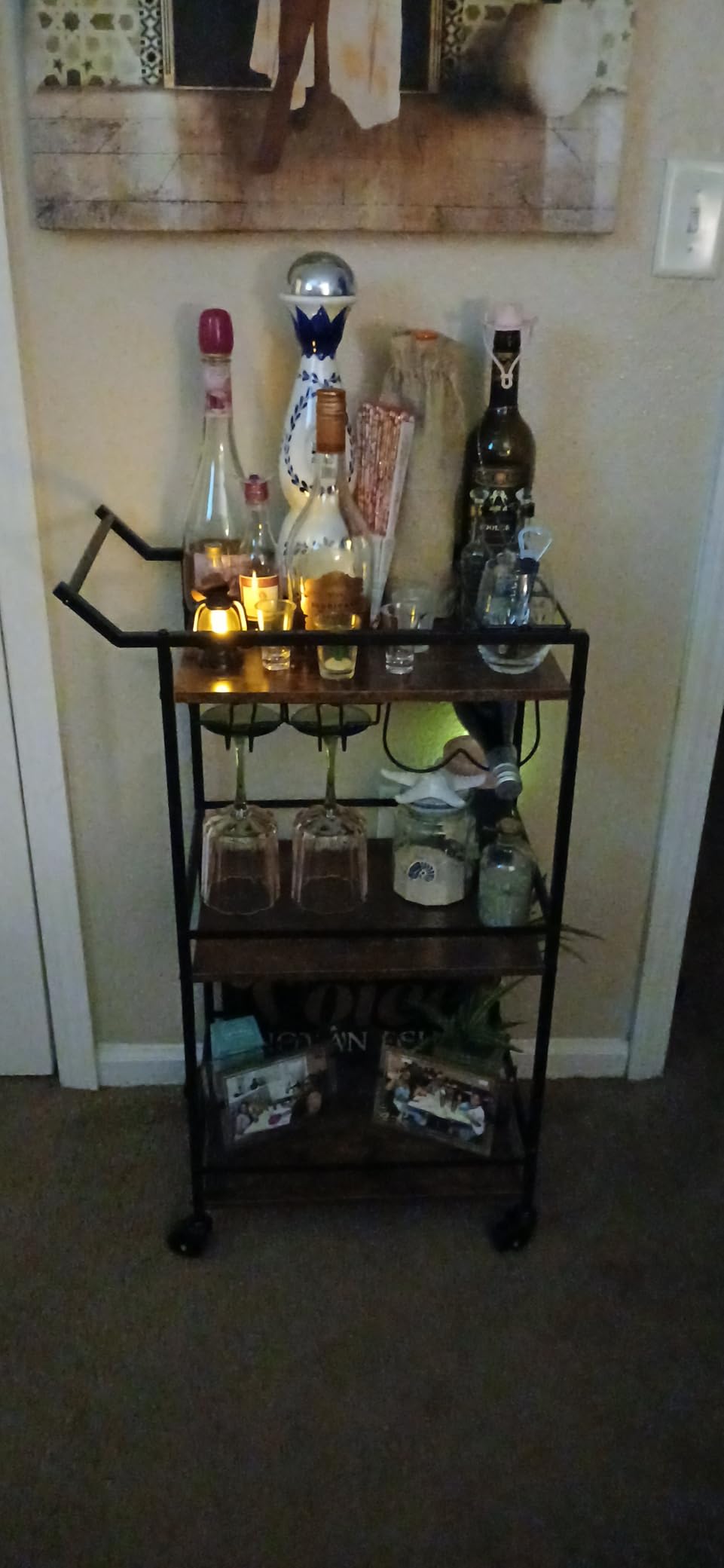 LOTEYIKE 3 Tier Bar Cart, Mini Liquor Utility Cart for Wine Beverage Dinner Party, Rolling Wine Coffee Drink Serving Cart with Lockable Wheels for Home Kitchen Bars (Rustic Brown) customer photo 1